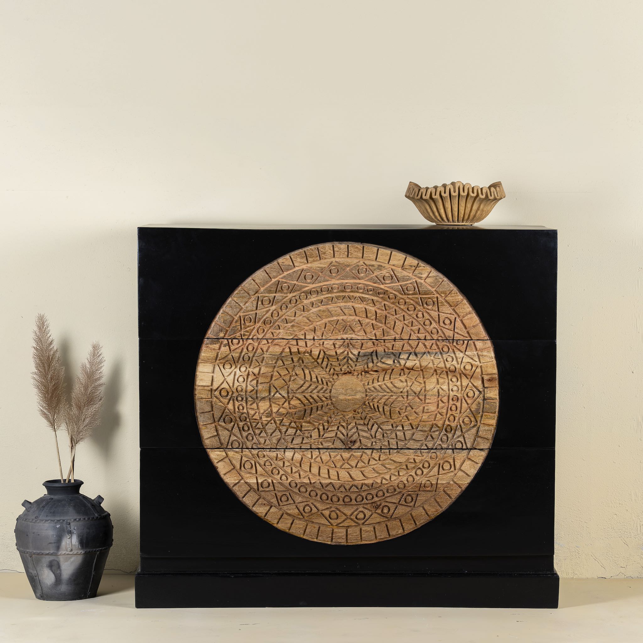 Mandala carved wood chest with black frame and natural carved mango wood drawers, mango wood drawer chest for modern bohemian interiors, 120 × 47 × 110 cm.
