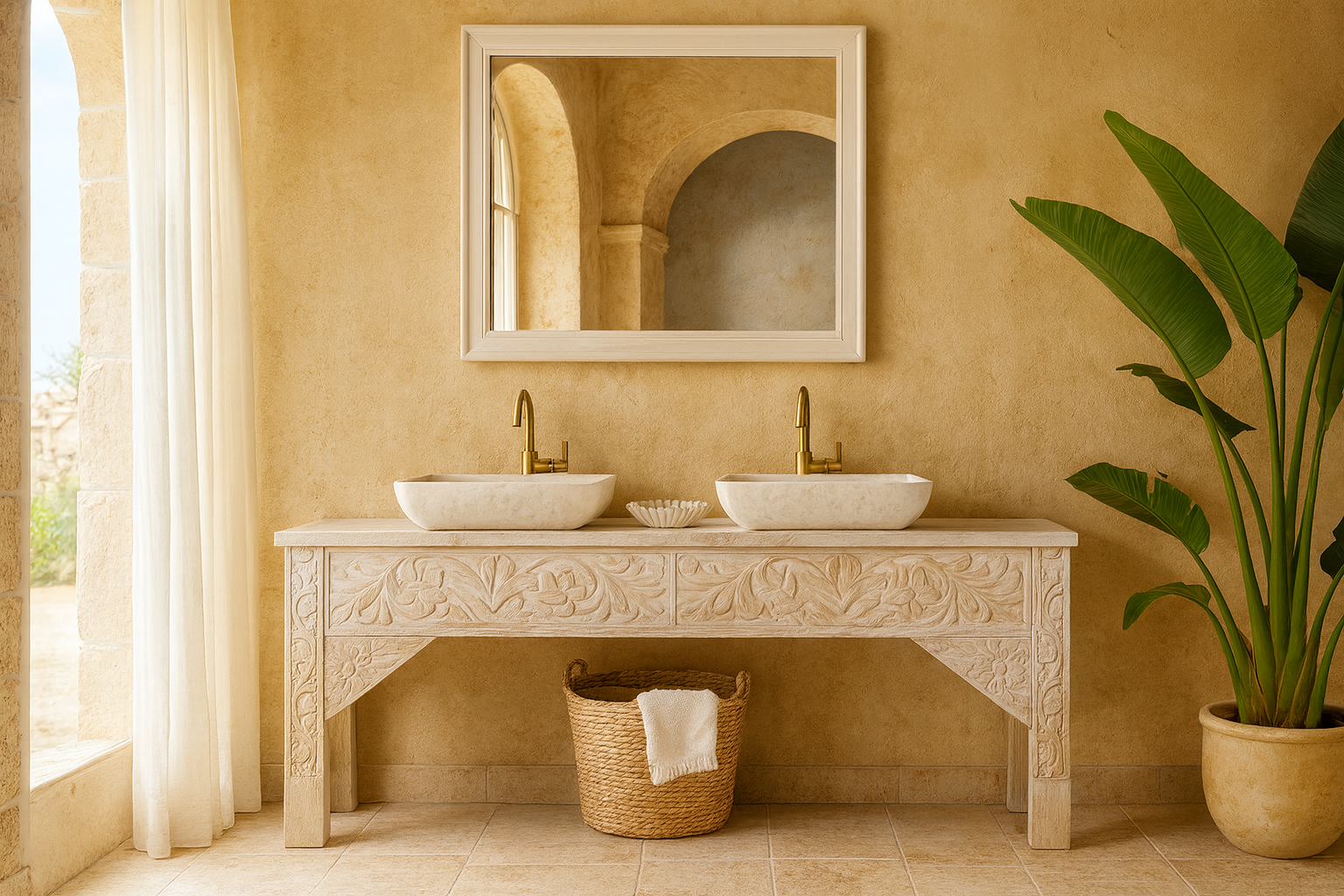 Lifestyle imagination of a hand-carved whitewashed reclaimed wood console table with floral details; vintage home decor with rustic and bohemian charm, 196 × 44 × 80 cm.