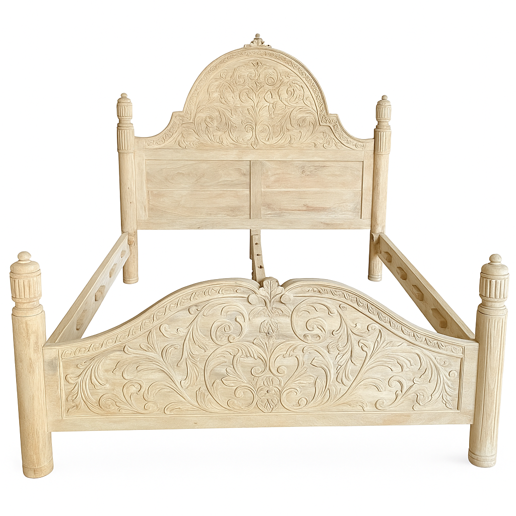 White background image of a beautiful hand-carved bed made from solid mango wood. Available in natural or whitewashed finish. Sustainable, artisan-crafted, and full of character.