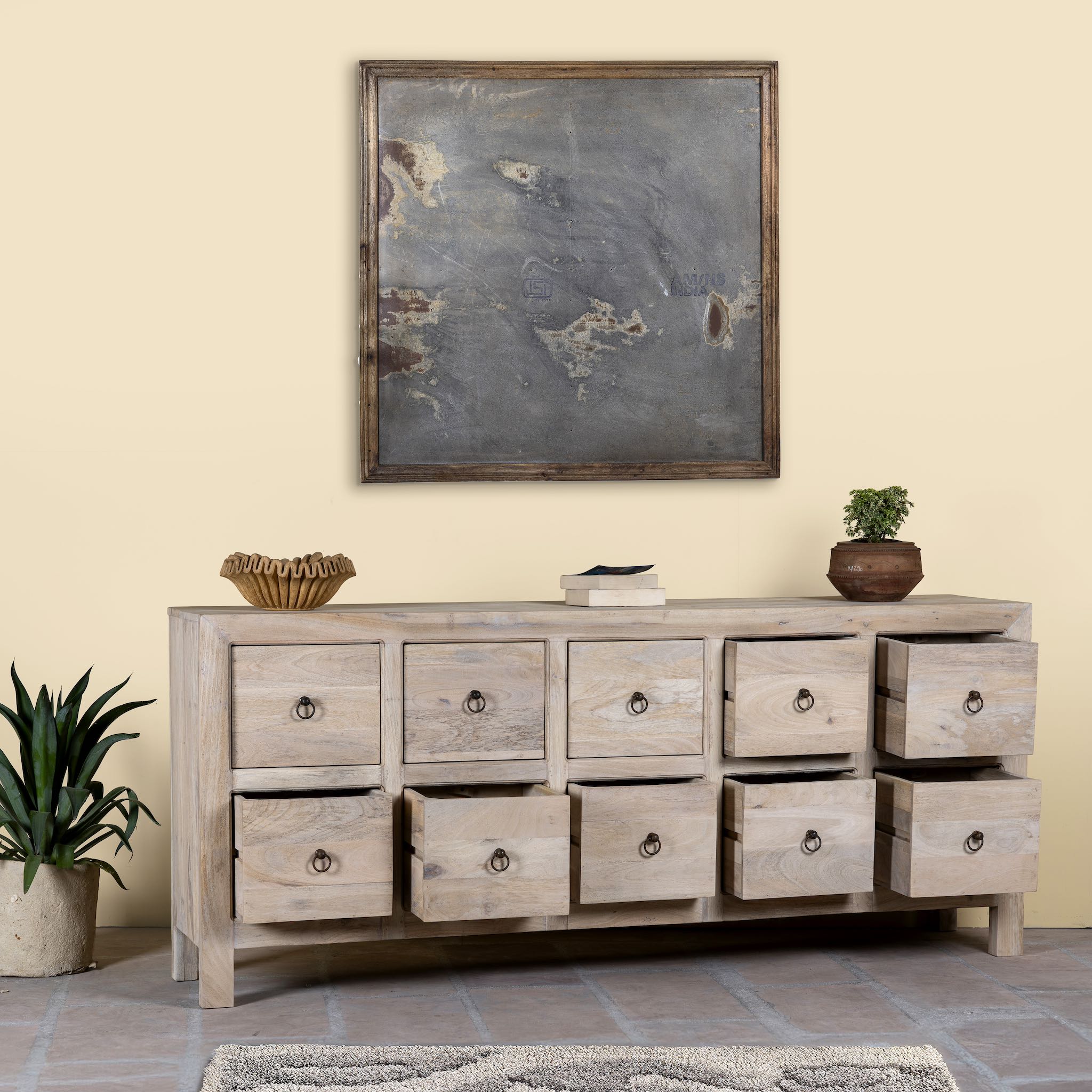 Open drawers image of a sandblasted reclaimed mango wood chest of drawers with ten drawers, perfect as bedroom furniture or part of a relaxed Ibiza-style interior.