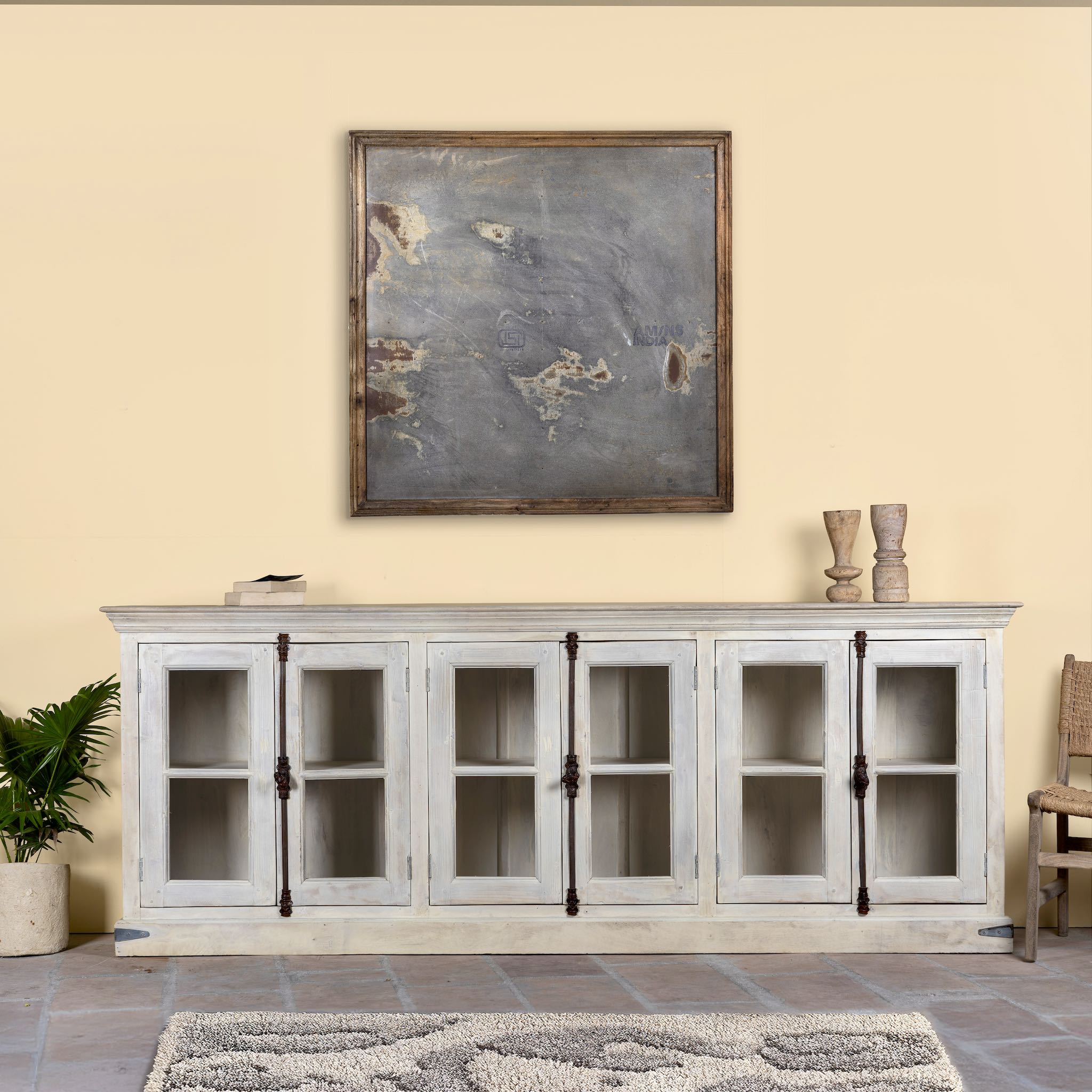 Sandblasted reclaimed wood sideboard in Ibiza style with four glass-panelled doors, vintage Mediterranean furniture, 263×45×100 cm.
