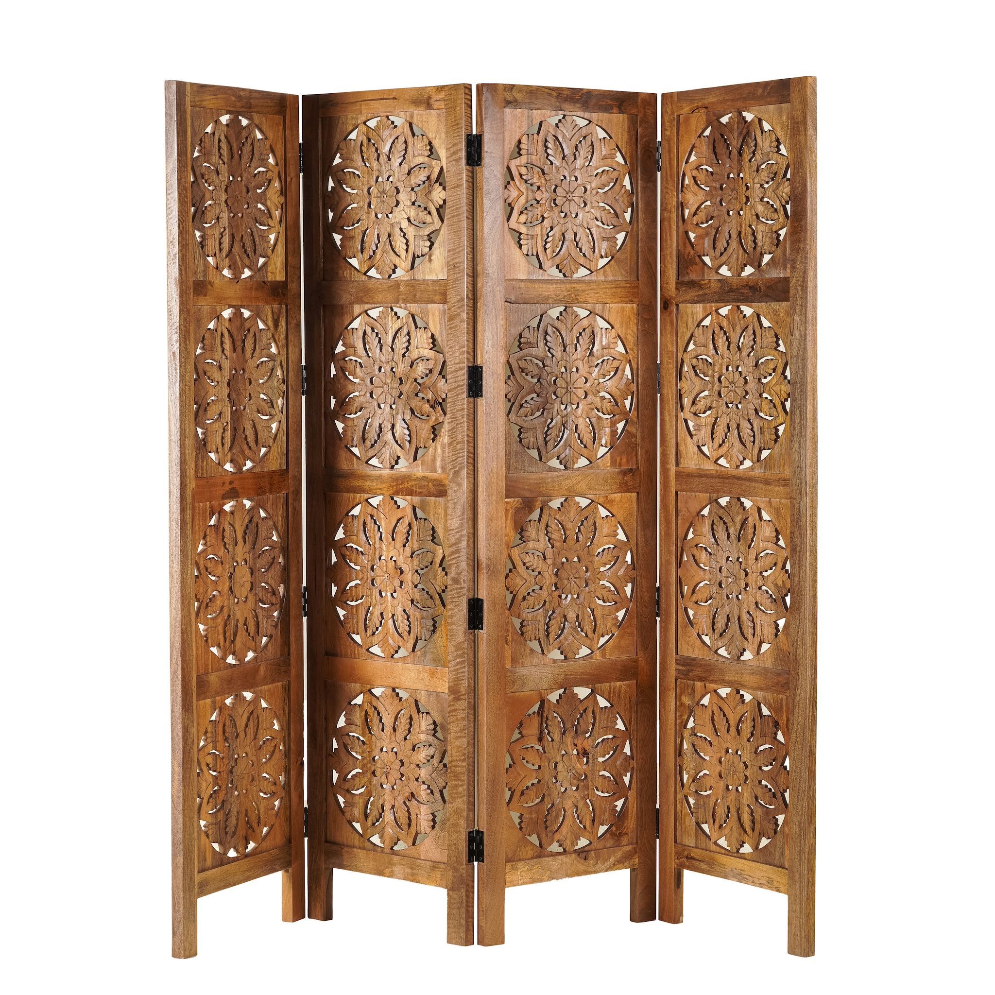 White background image of a foldable room partition made of mango wood, featuring four panels with symmetrical hand-carved circular floral medallions, finished in a rich natural wood tone and connected by black metal hinges for easy folding and adjustment.