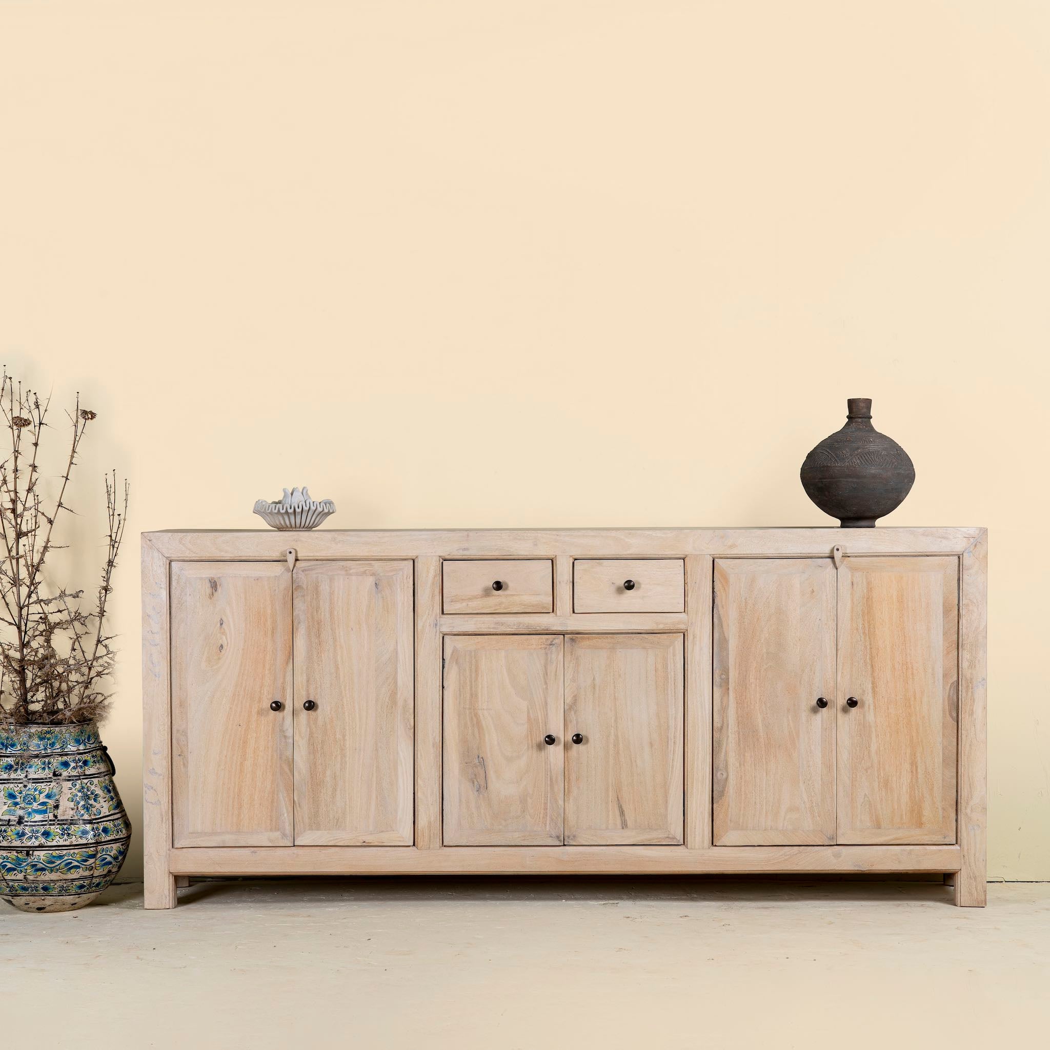 Sandblasted wooden sideboard with three compartments and two small drawers, Ibiza style living room furniture in light natural finish, 200×40×90 cm.