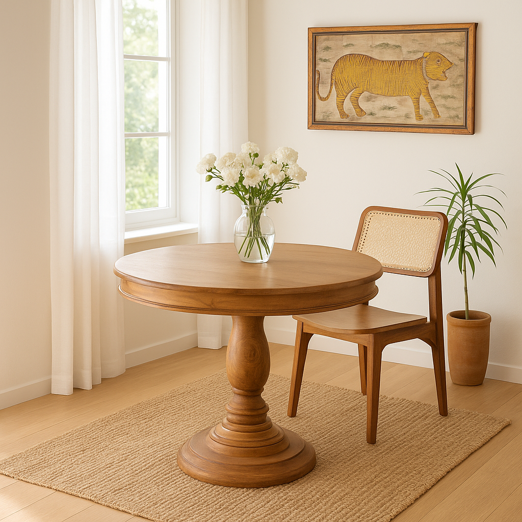 Lifestyle imagination of a round solid wood dining table made from reclaimed teak with carved pedestal base; rustic reclaimed teak wood dining table, 100 cm diameter × 78 cm height.