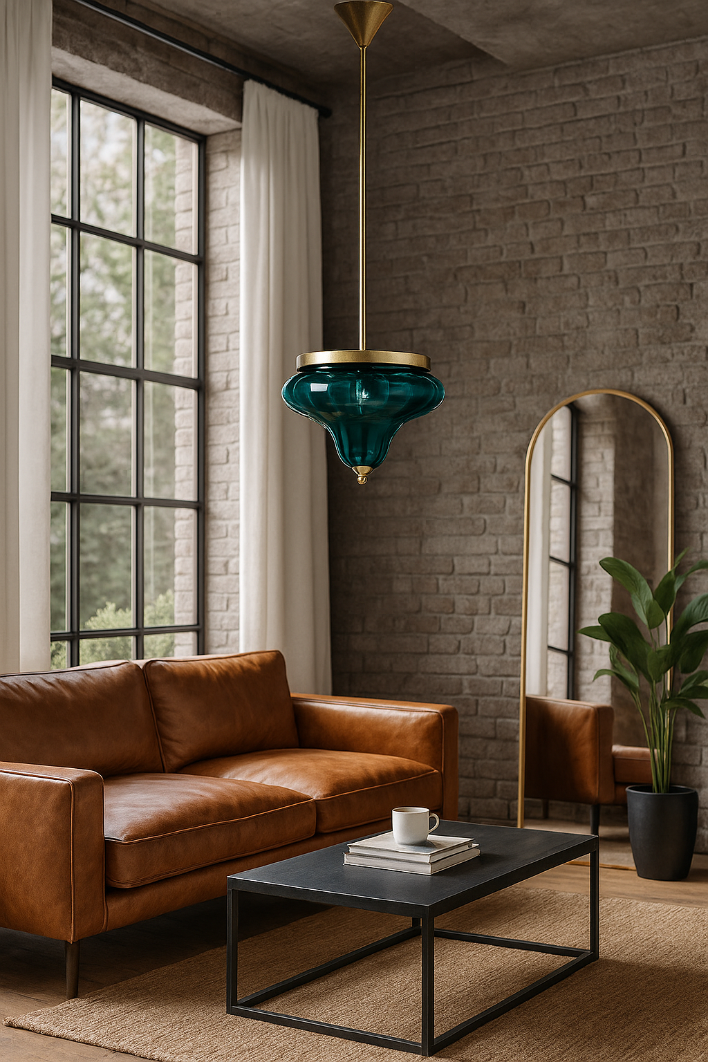 Lifestyle image of a a large green glass pendant light with a brass plated frame and a metal rod attachment.