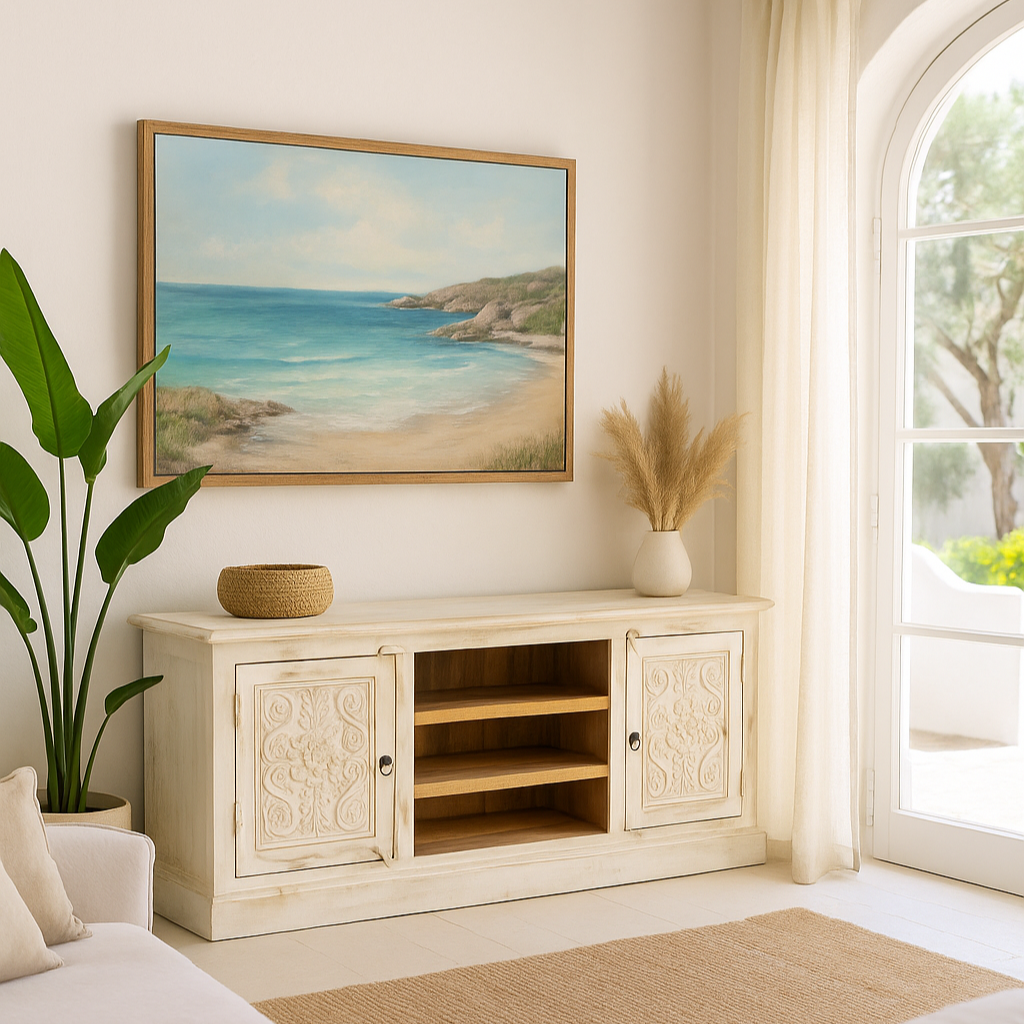 Lifestyle image of a hand carved lowboard made from mango wood with floral doors and open compartments; wooden TV unit, 150 × 60 × 40 cm.