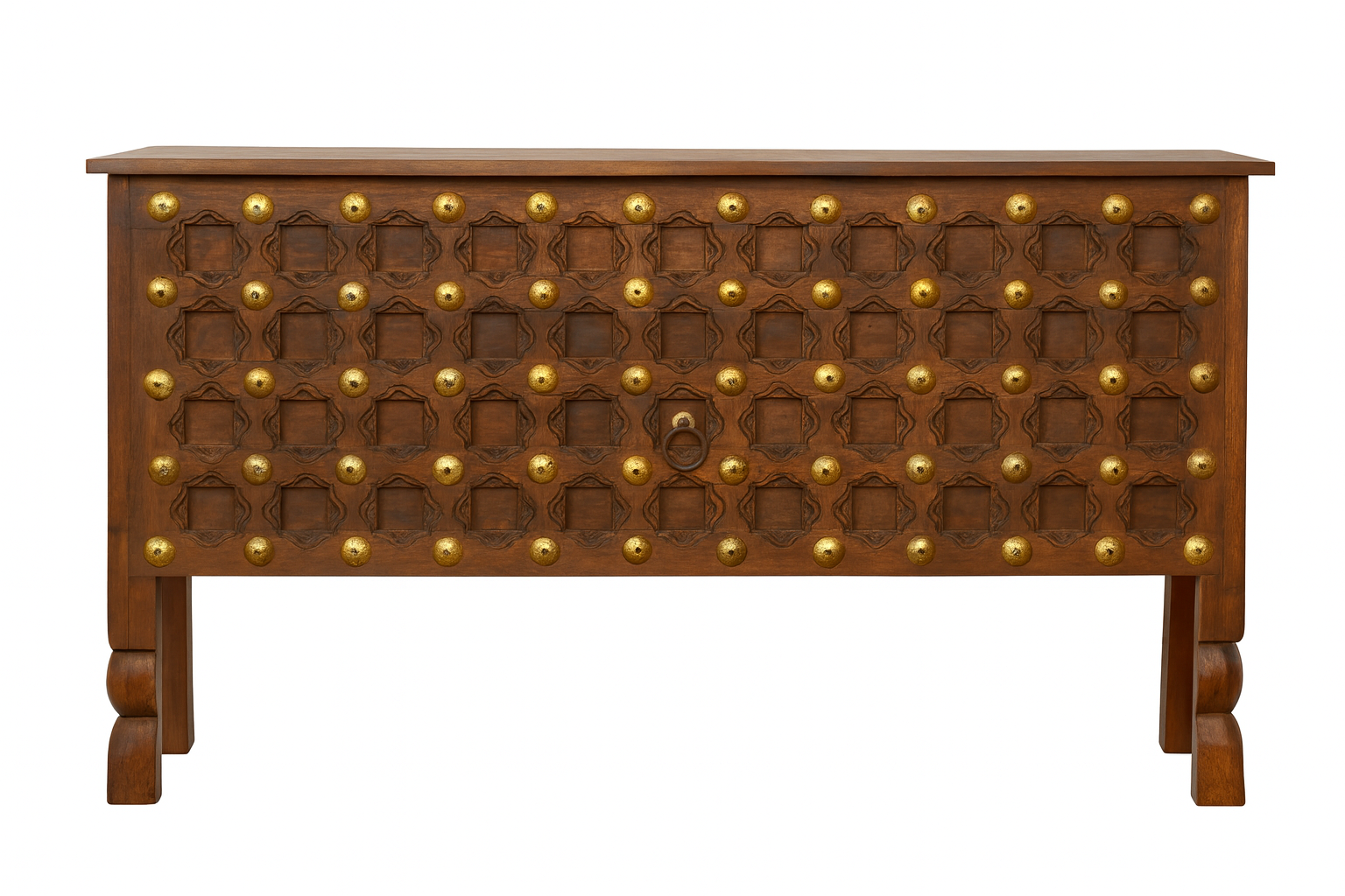 White background image of a antique door console table handcrafted from reclaimed teak wood with original paint; teak wood console, 180 × 90 × 43 cm.