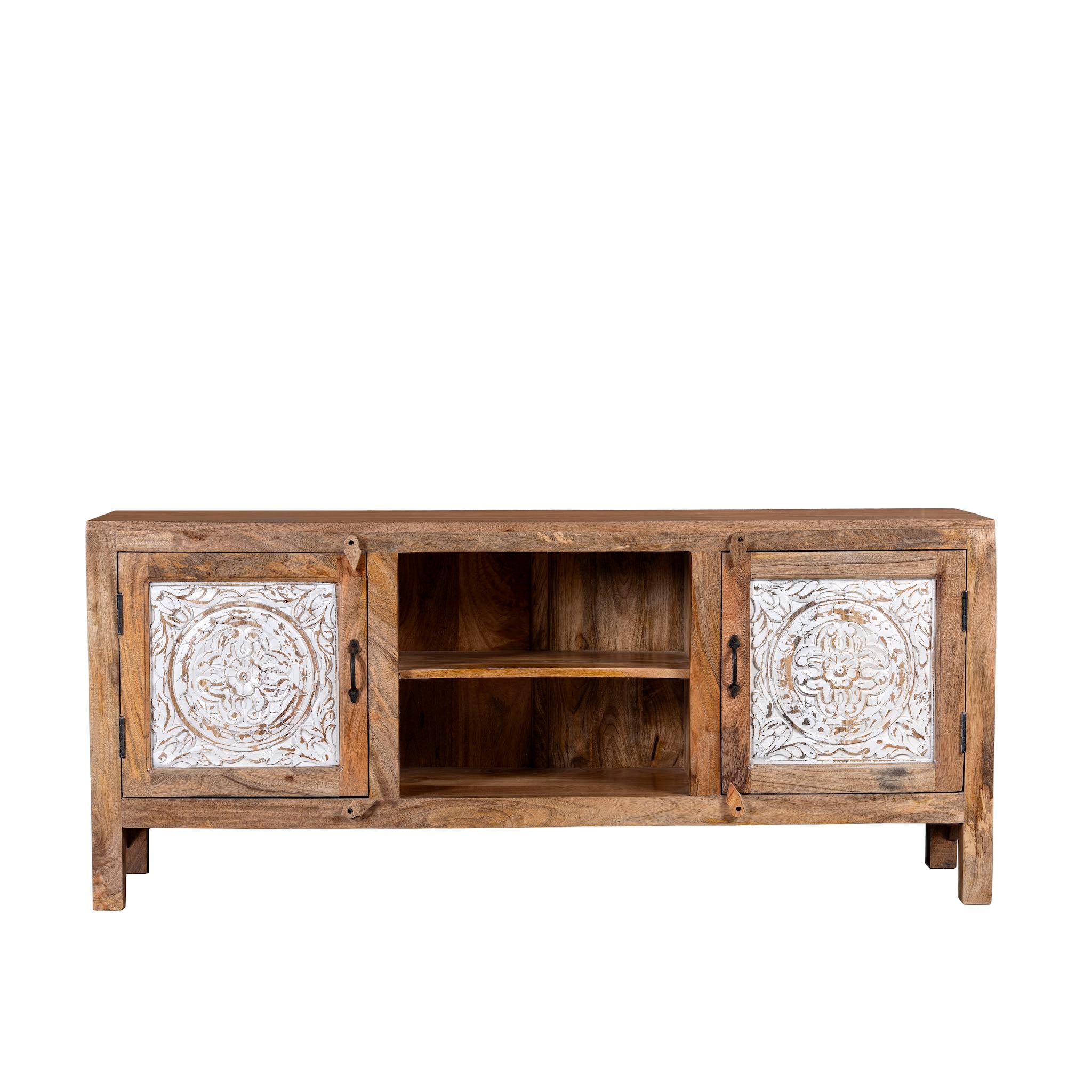 White background image of a wood carved sideboard Alka, Indian furniture made from mango wood with floral carvings, whitewashed finish, 150 × 40 × 60 cm.