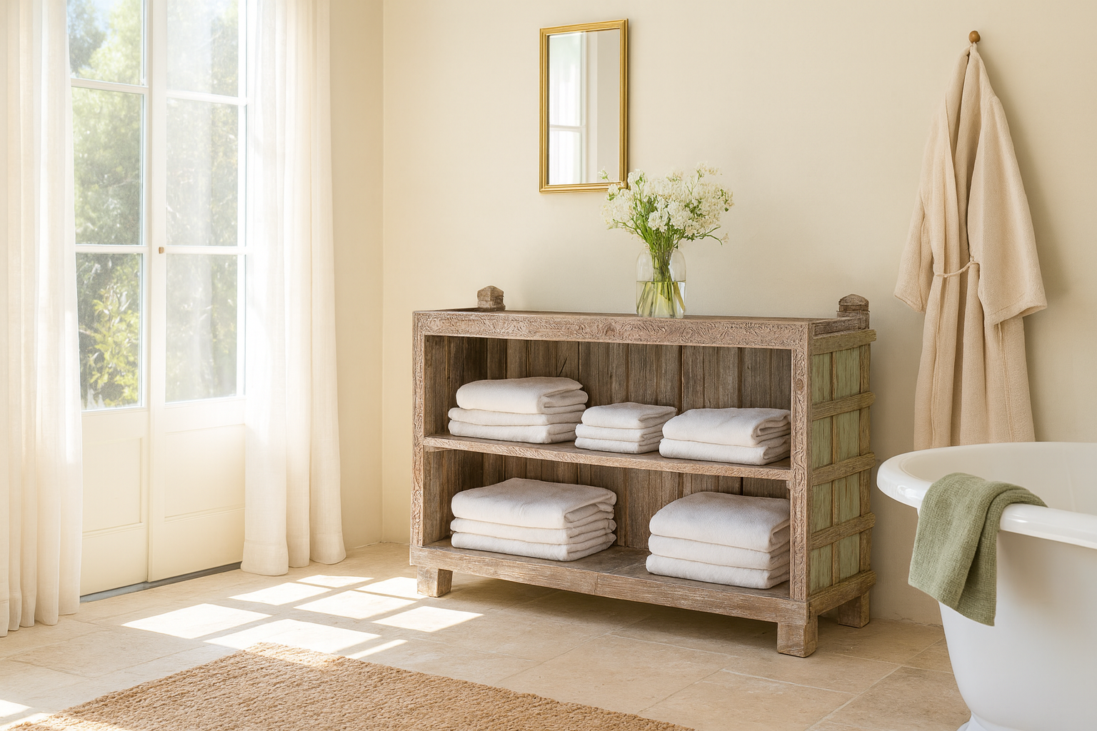 Lifestyle image of a unique Indian furniture teak counter table with vintage shelving and aged green paint, antique console with original wood panel detailing, 152 × 64 × 102 cm.