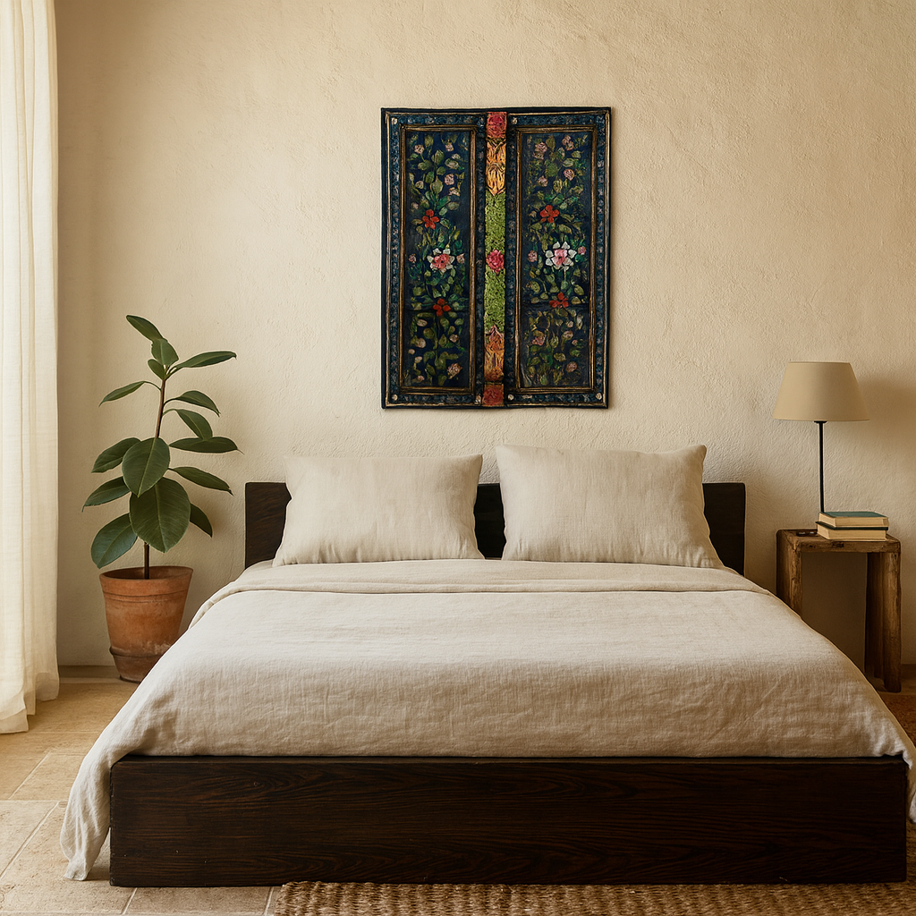 lifestyle scene with a vintage hand-painted wall panel made from reclaimed Indian teak wood with floral blue motifs – Amol model by Om Home & Garden