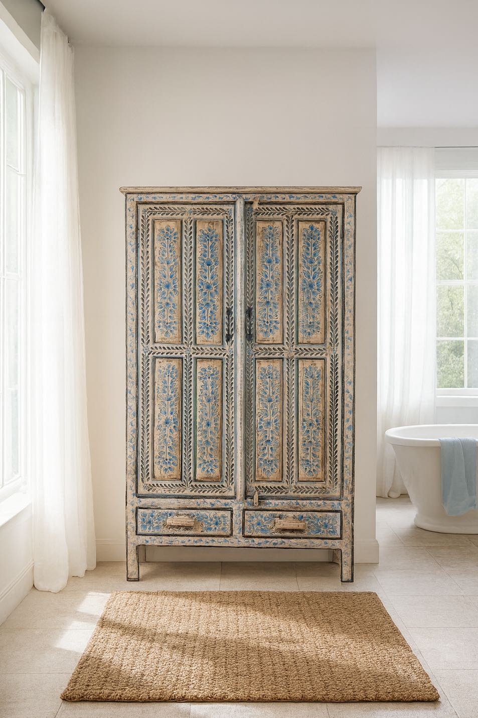 Lifestyle image of a hand painted wooden furniture cabinet with floral motifs, reclaimed teak artisanal furniture in Mediterranean style, 95 × 40 × 152 cm.