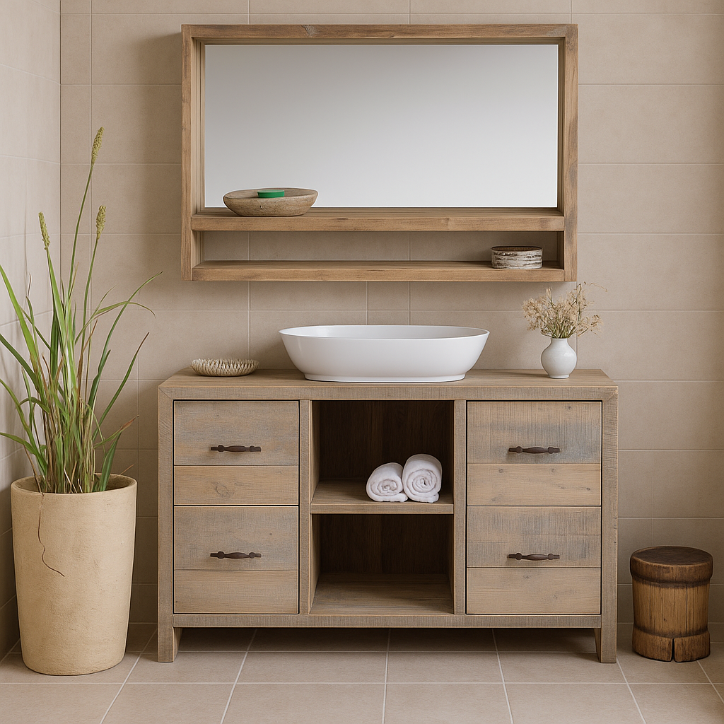 Lifestyle inspiration for a reclaimed wood console with 6 drawers and 2 open shelves; Ibiza style bathroom console with matching Bhavya mirror available, 120 × 50 × 80 cm.