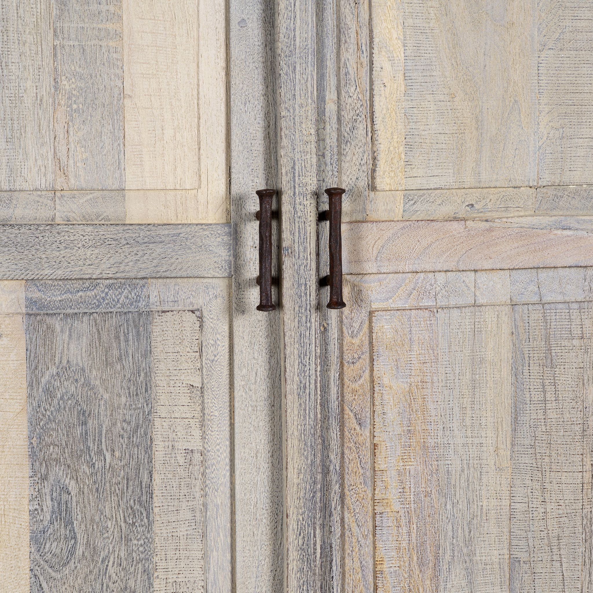 Close up image of a reclaimed wood wardrobe with panelled double doors and rustic finish; bathroom furniture with ample storage, 100 × 45 × 190 cm.