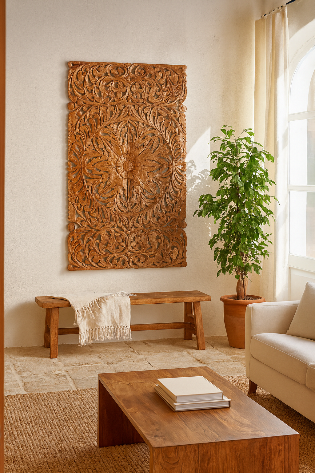 Lifestyle scene with a hand-carved mango wood wall panel with floral motifs in natural finish – Arvavasu model by Om Home & Garden