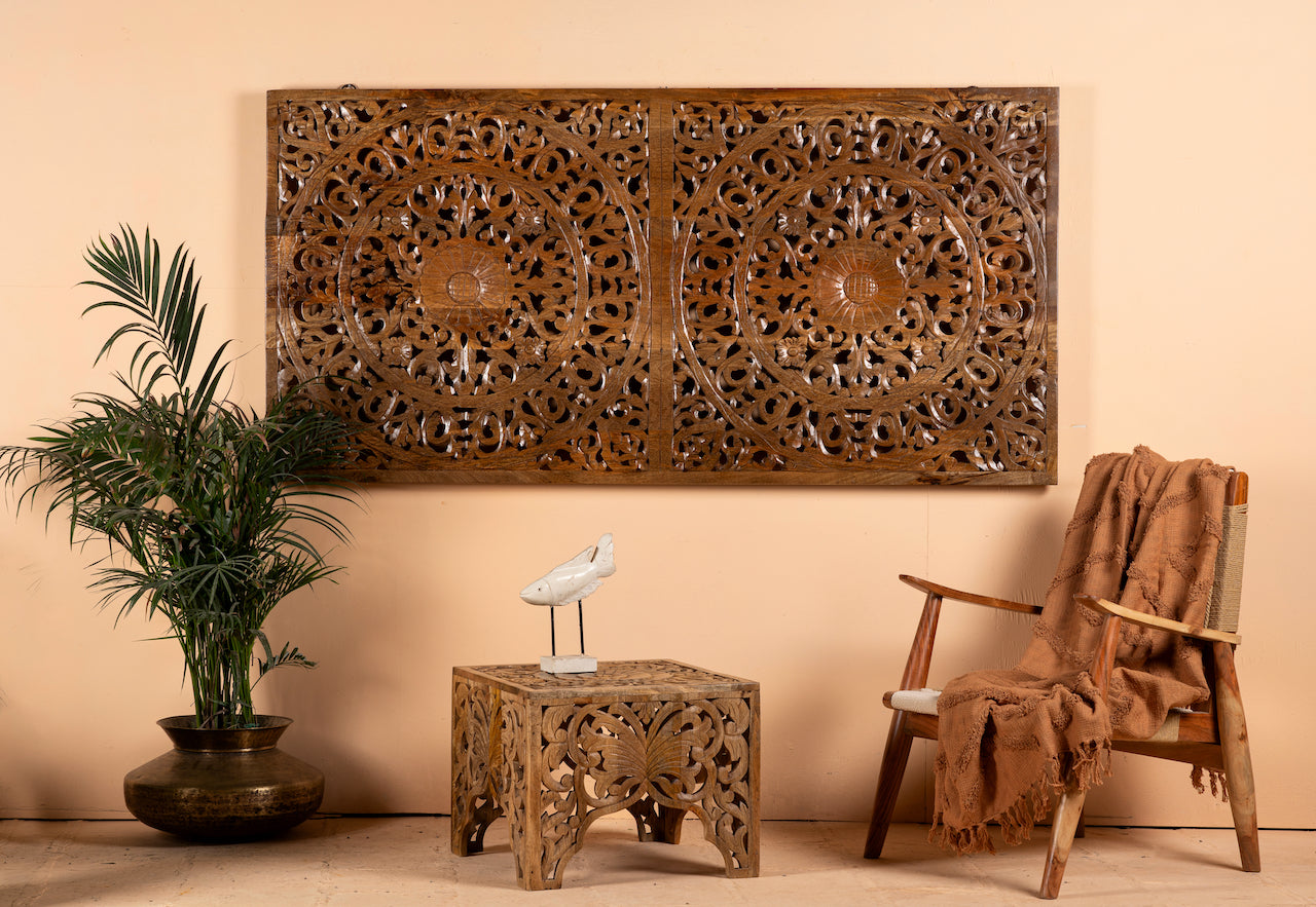Hand-carved mango wood wall panel in natural finish with floral designs – Asamanja model by Om Home & Garden