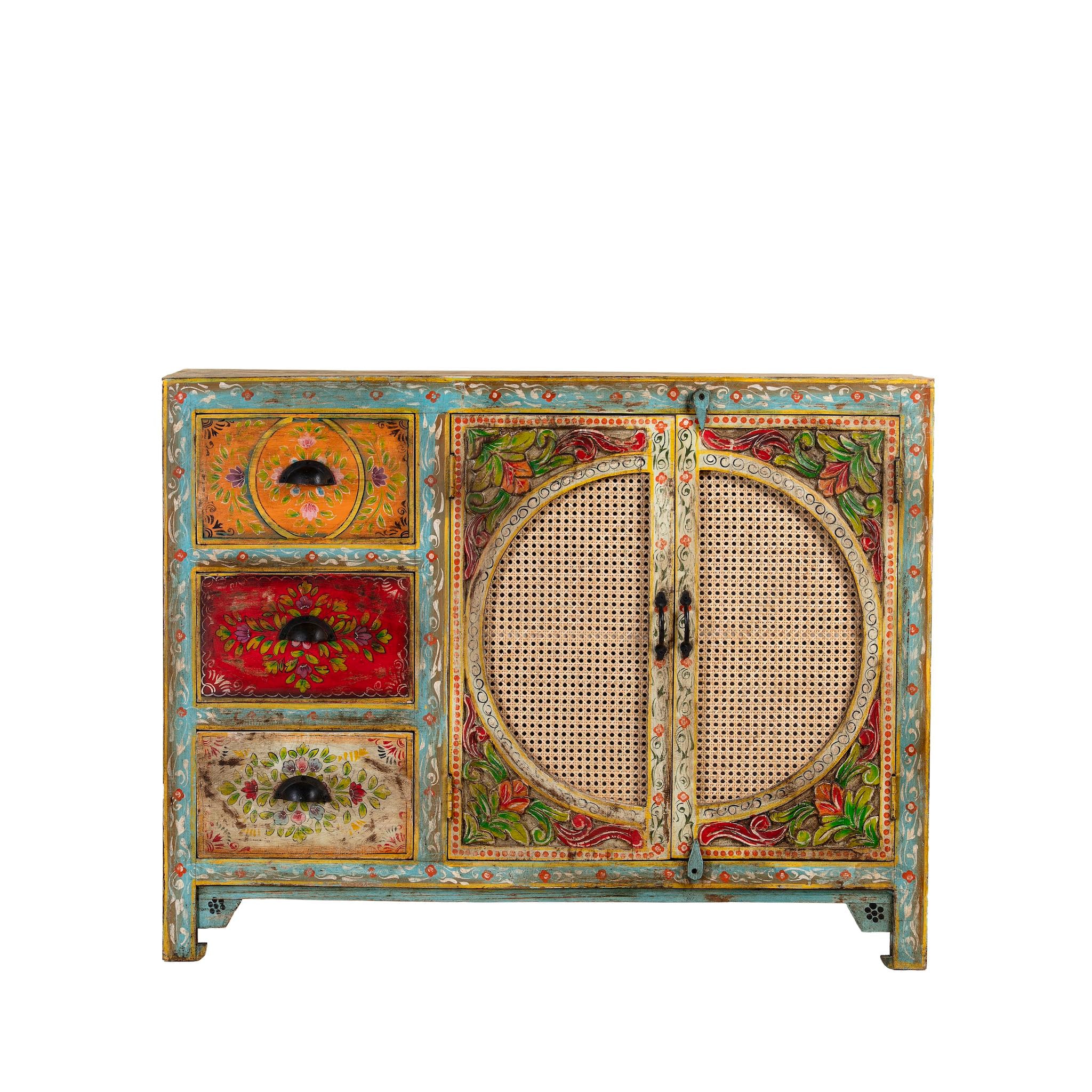 White background image of a hand painted sideboard Ashara made of mango wood with rattan inserts; Ibiza-inspired boho chic furniture, 120 × 40 × 92 cm.