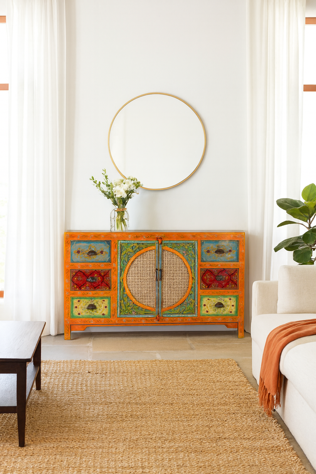 lifestyle imagination of a vintage style furniture sideboard with hand-painted floral motifs and rattan door inserts, bohemian rattan door furniture, 160 × 40 × 90 cm.