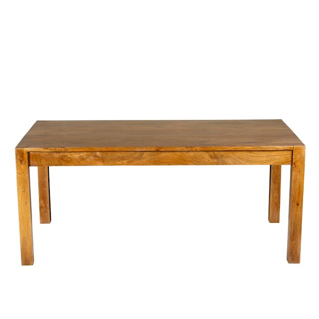 White background image of a rectangular solid wood dining table crafted from reclaimed teak; minimalist style reclaimed wood dining table, 180 × 100 × 77 cm.