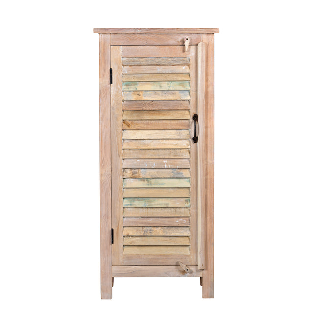 White background image of a reclaimed teak wood cabinet with slatted door and sandblasted finish, Ibiza-style, 122 × 56 × 40 cm.