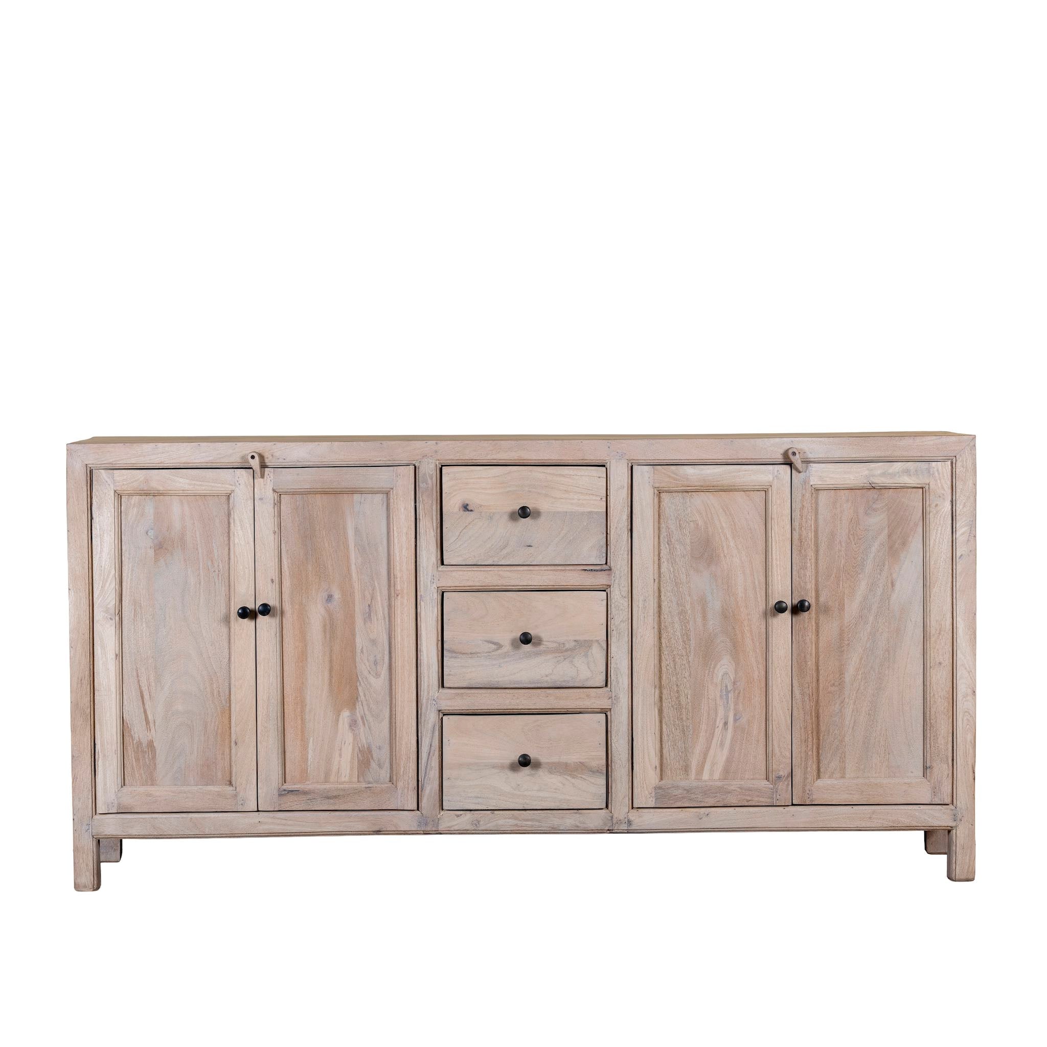 White background image of a sandblasted wood sideboard with drawers and cabinets, living room furniture in relaxed Ibiza style.