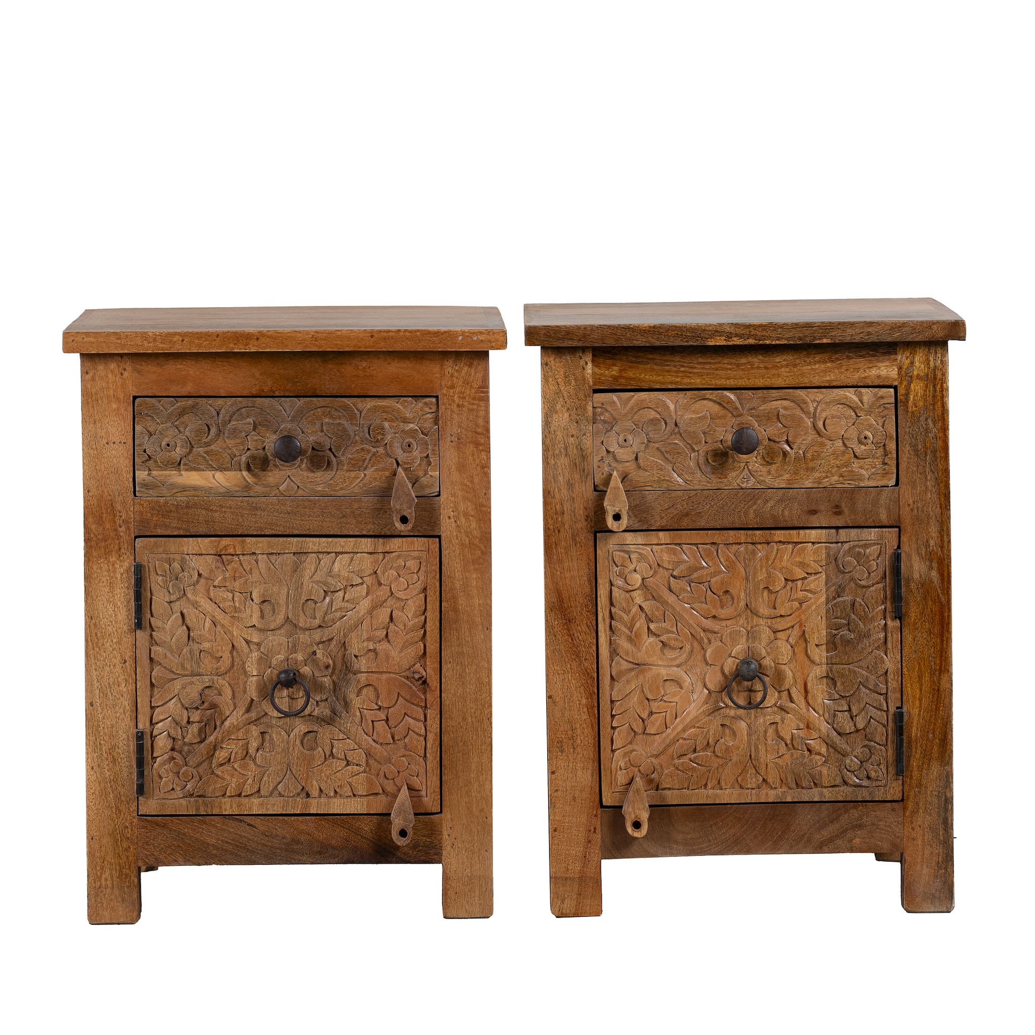 White background image of a pair of mango wood night stands with floral hand carvings in natural wood colour.