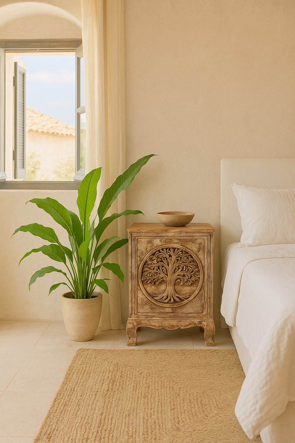 Pair of mango wood bedside tables with hand-carved tree motifs and antique finish; perfect bedroom furniture and mango wood furniture, 50 × 70 × 40 cm.