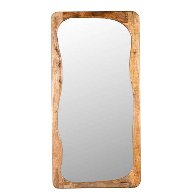 White background image of a mango wood mirror Bana with tall, arched frame and natural finish. A handcrafted piece of rustic wall art perfect for Mediterranean and minimalist interiors.