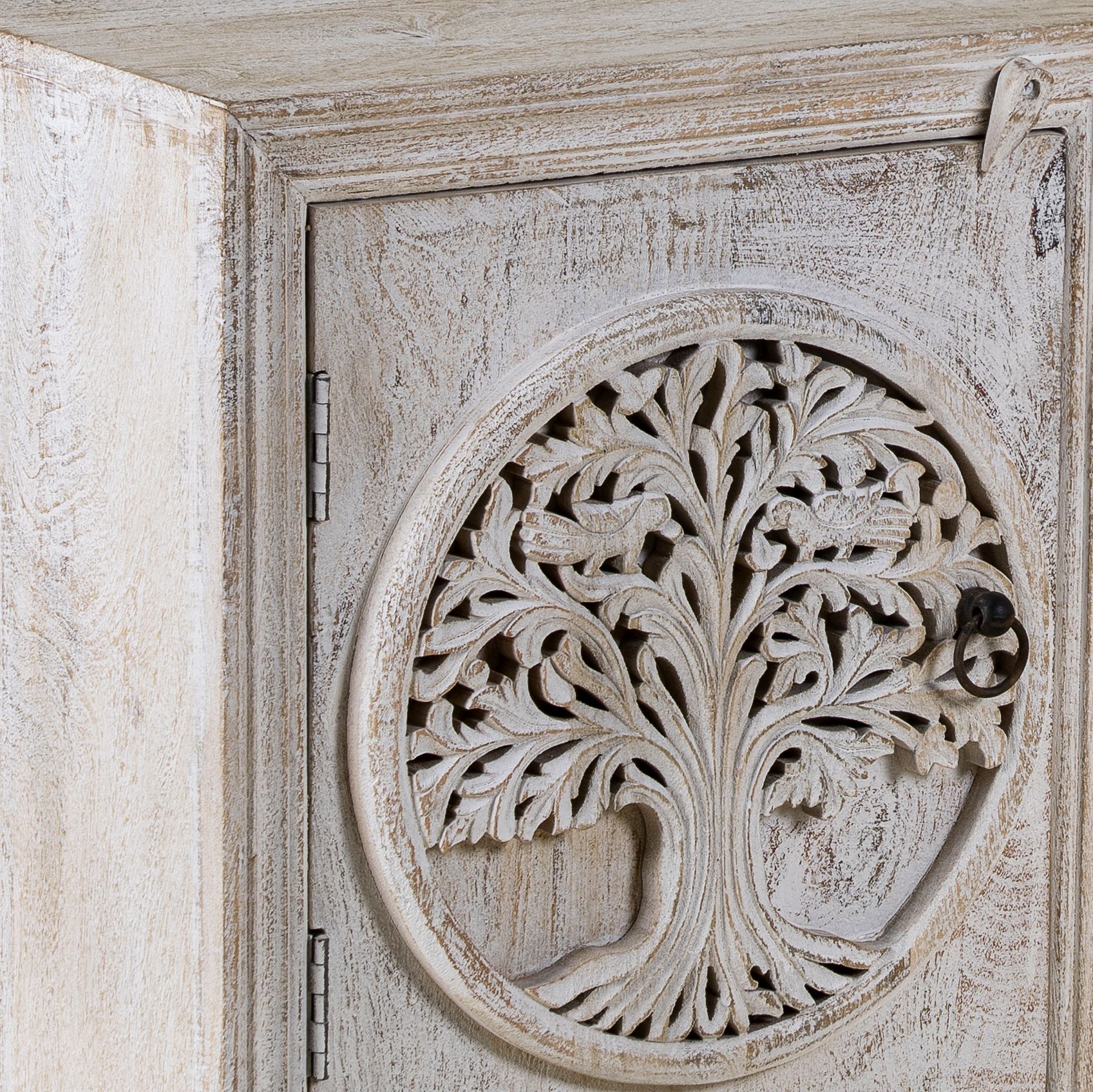 Close up picture of a pair of mango wood bedside tables with hand-carved tree motifs and antique finish; perfect bedroom furniture and mango wood furniture, 50 × 70 × 40 cm.