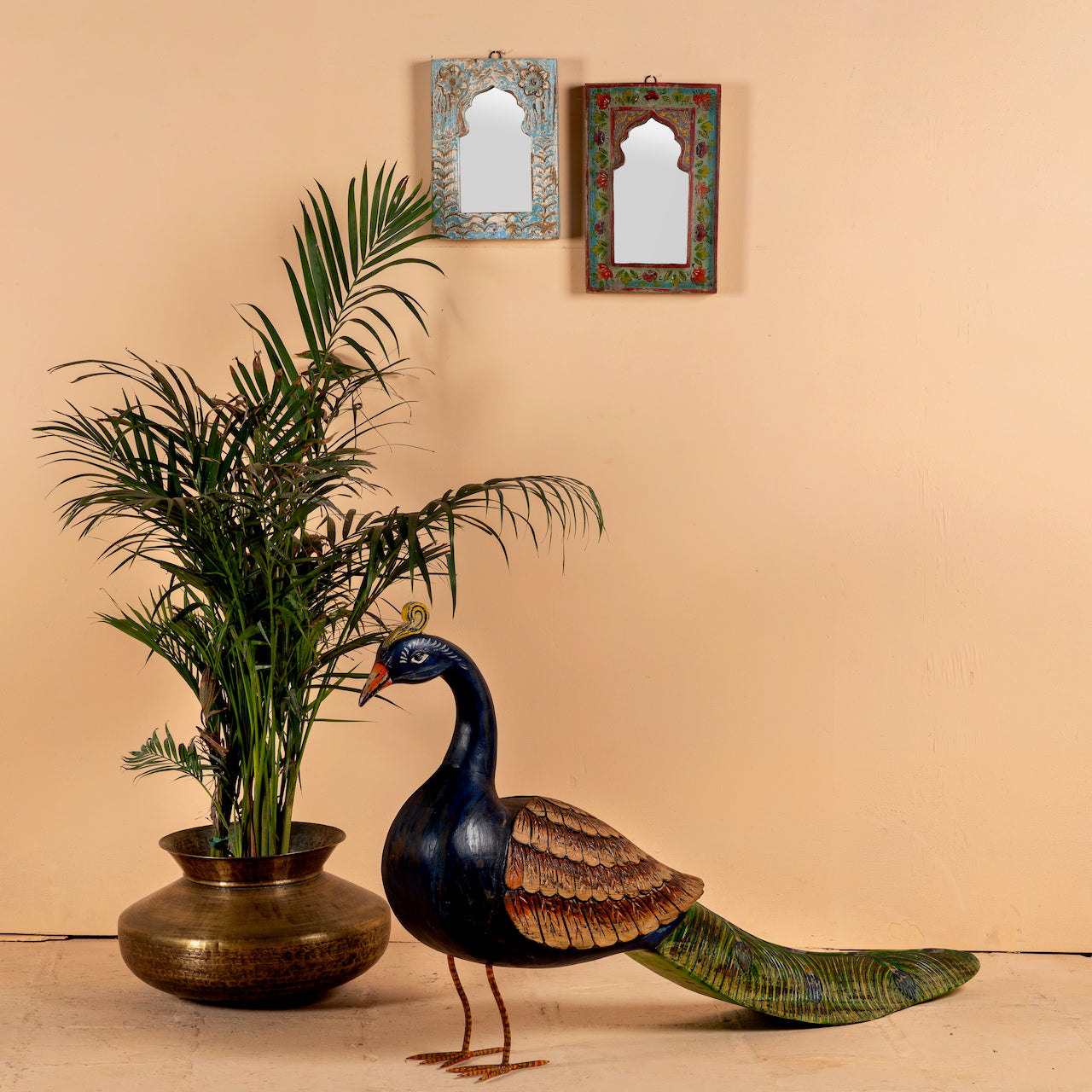 Hand-painted mango wood peacock decor – Indian home accessory from Rajasthan, ideal for vintage home decor and artistic interiors.