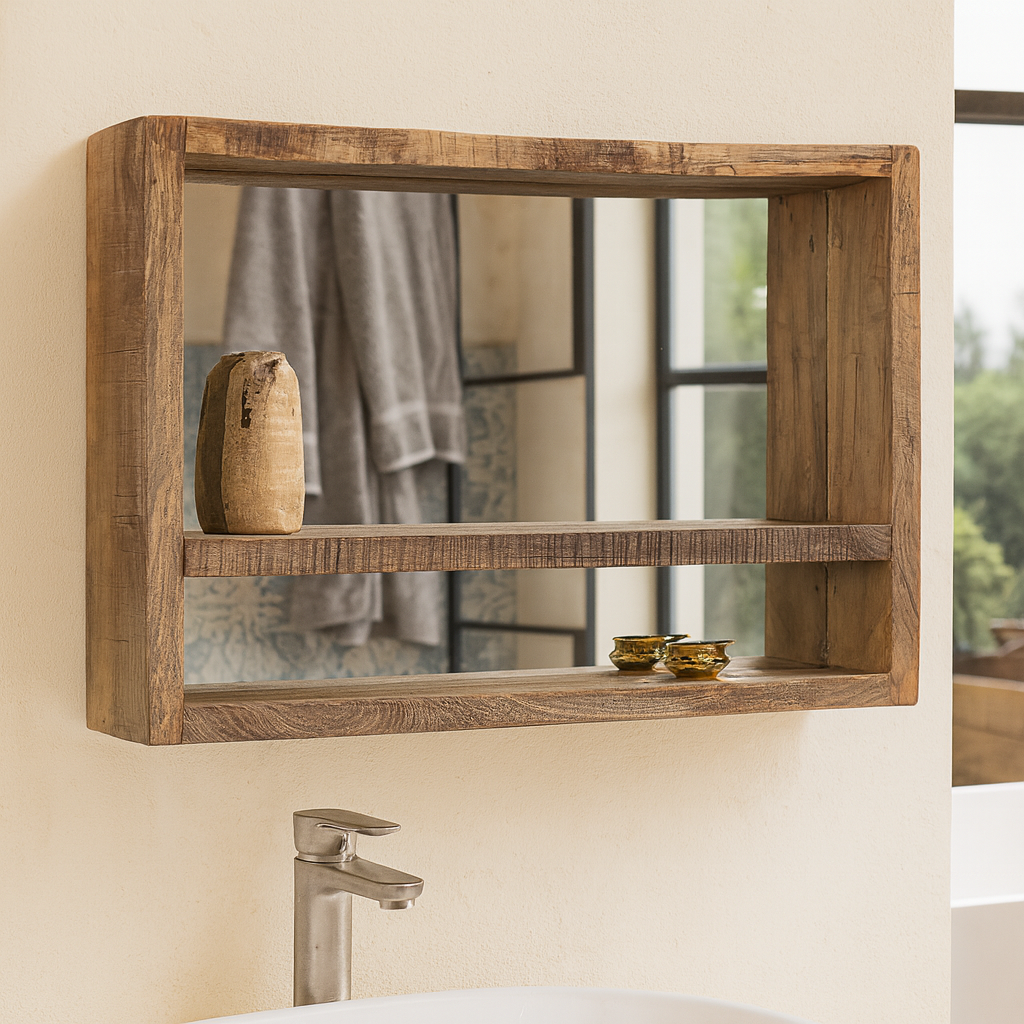 Wooden mirror with shelf in a bathroom setting