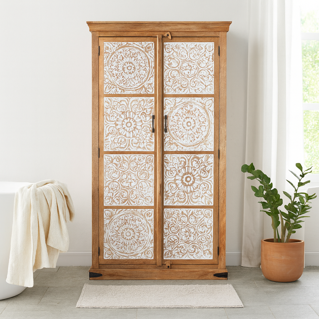 Lifestyle imagination of a mango wood wardrobe with whitewashed floral carvings, vintage furniture cabinet in carved wood, 190 × 105 × 42 cm.