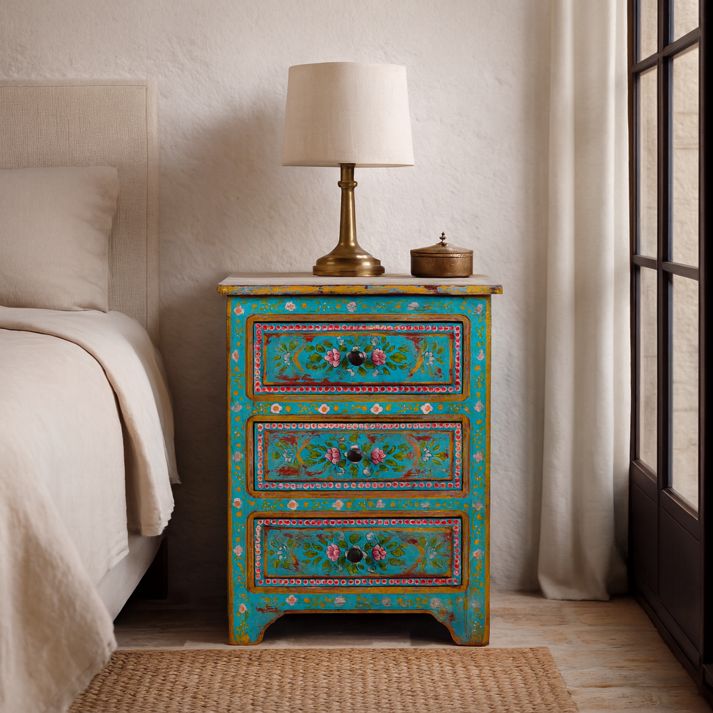 Lifestyle scene with a hand-painted recycled wood nightstands with floral motifs – bold vintage furniture pieces perfect for bohemian and artistic interiors.