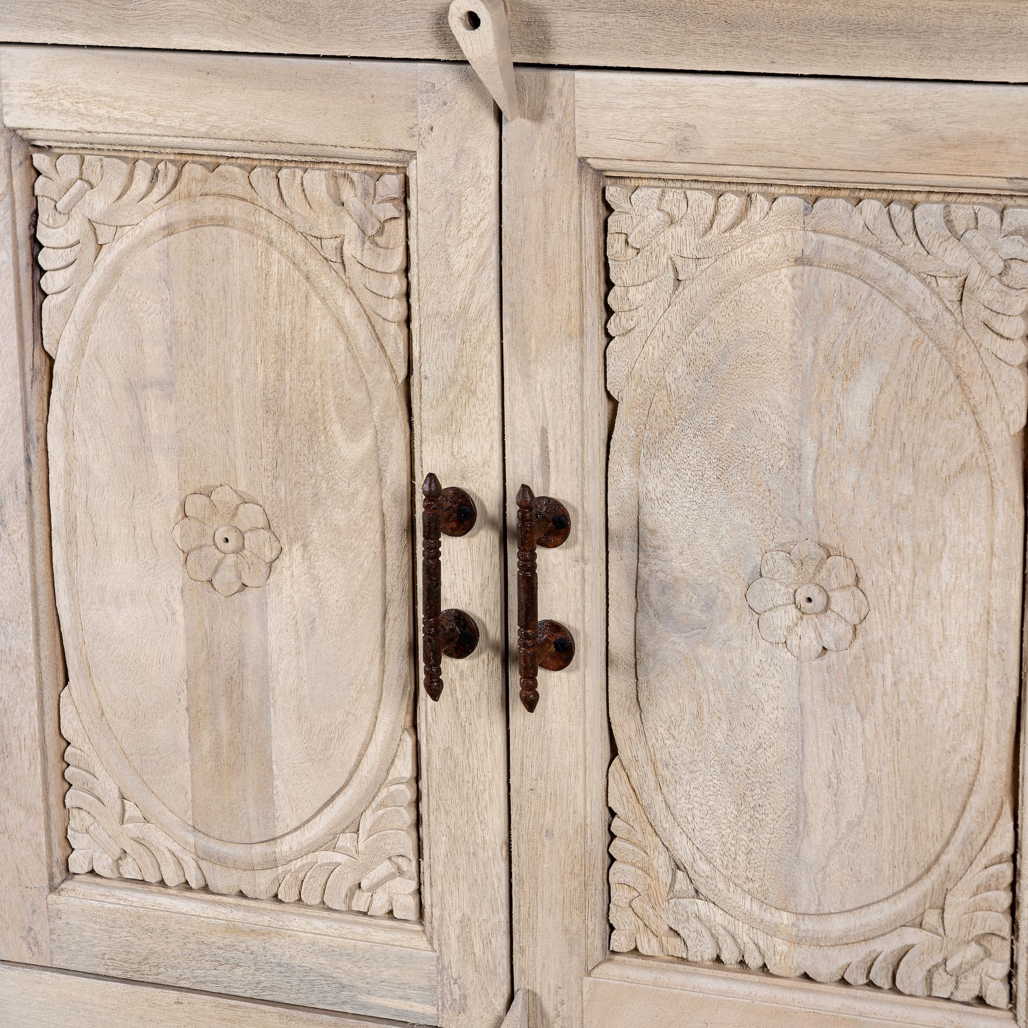 Close up image of a sandblasted mango wood console table with 4 doors and 3 drawers; Mediterranean-style vintage entryway table, water-protected surface, 200 × 42 × 100 cm.