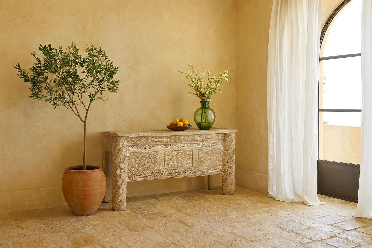 Lifestyle imagination of a white-washed carved console table made from reclaimed wood with floral detailing; Mediterranean and Ibiza style furniture, 160 × 80 × 48 cm.