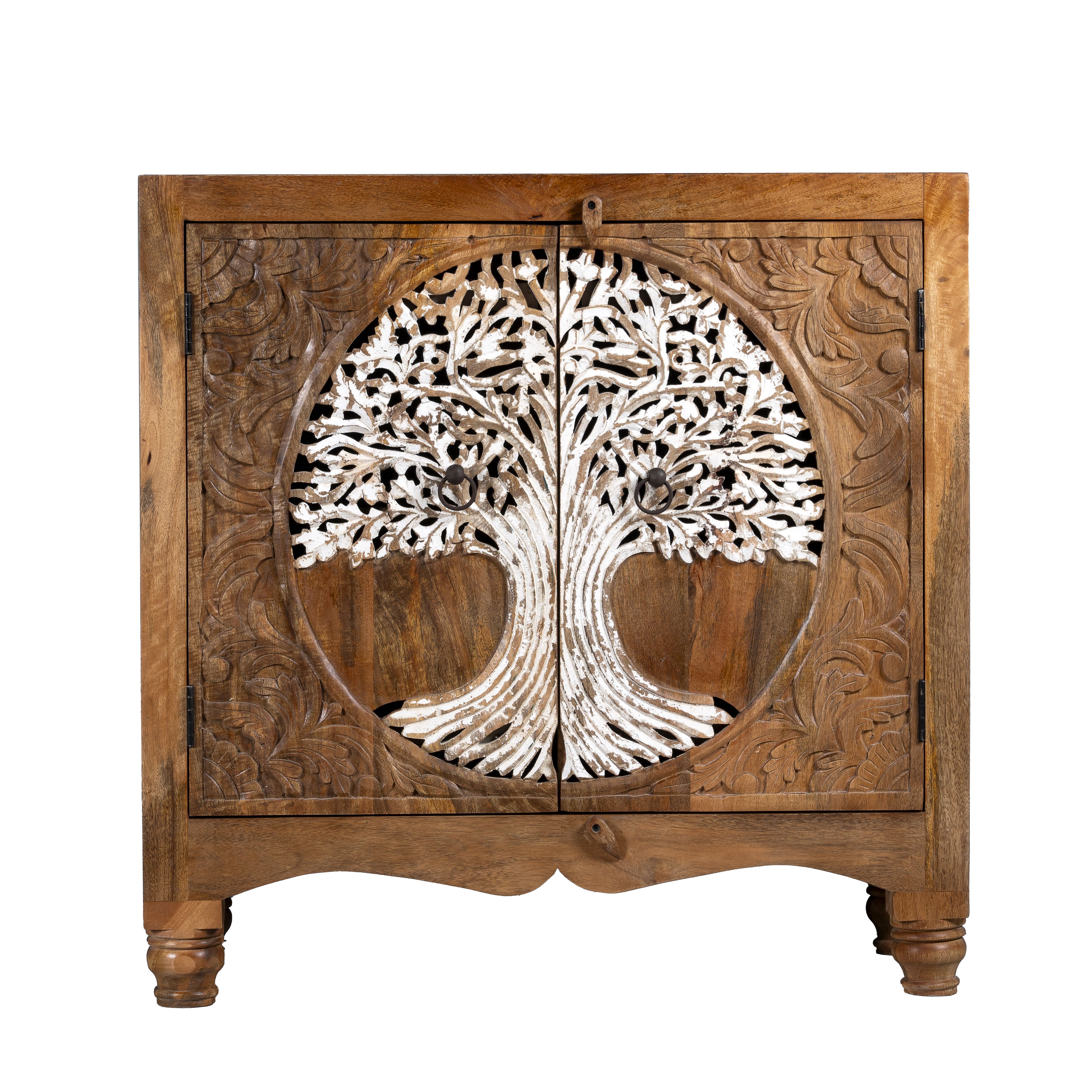 White background image of a carved mango wood furniture cabinet with Tree of Life design and whitewashed finish, 90 × 40 × 90 cm.