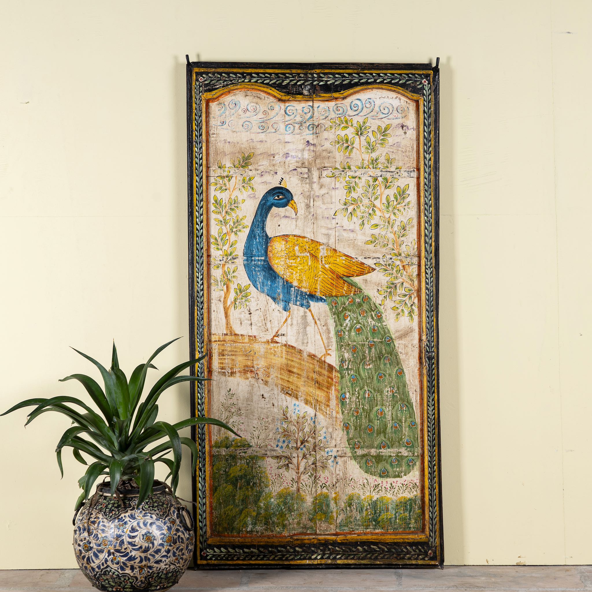 Hand-painted wooden wall panel made from an old teak door with peacock motif; vintage wall panels and India home accessories, 88 × 8 × 171 cm.