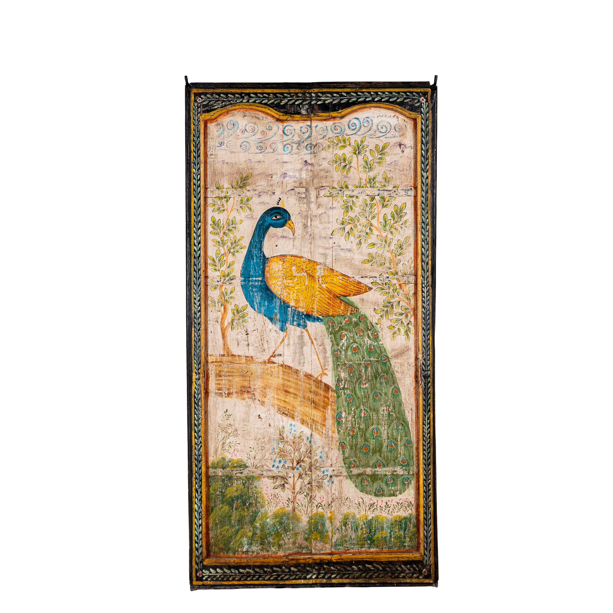 White background image of a hand-painted wooden wall panel made from an old teak door with peacock motif; vintage wall panels and India home accessories, 88 × 8 × 171 cm.