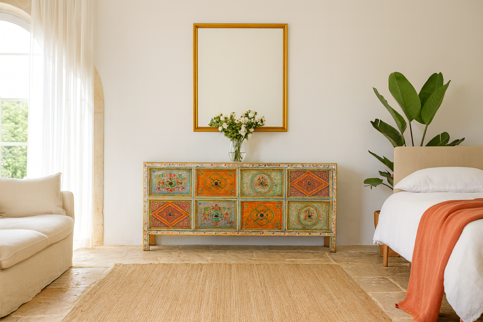Lifestyle imagination of a hand painted sideboard with 8 drawers made of natural mango wood; artisanal chest for bohemian interior, 200 × 40 × 90 cm.