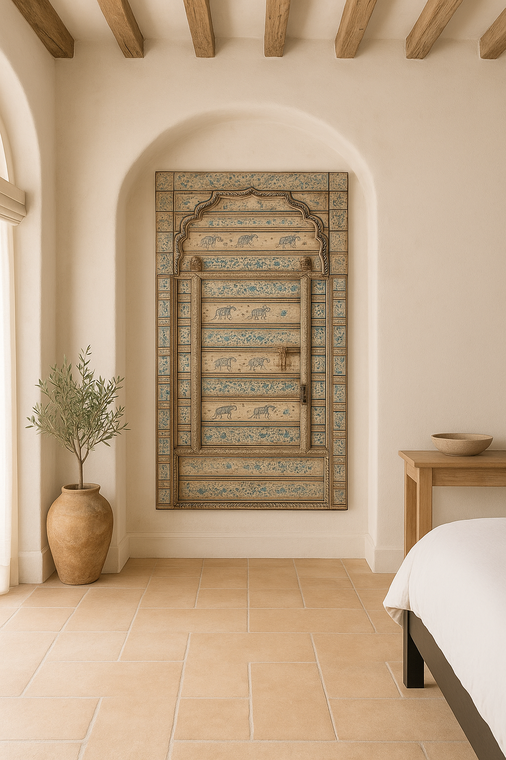 Lifestyle imagination of an antique hand-painted Indian teak wood door with floral and elephant motifs; vintage Indian doors for wooden wall decoration, 128 × 10 × 250 cm.