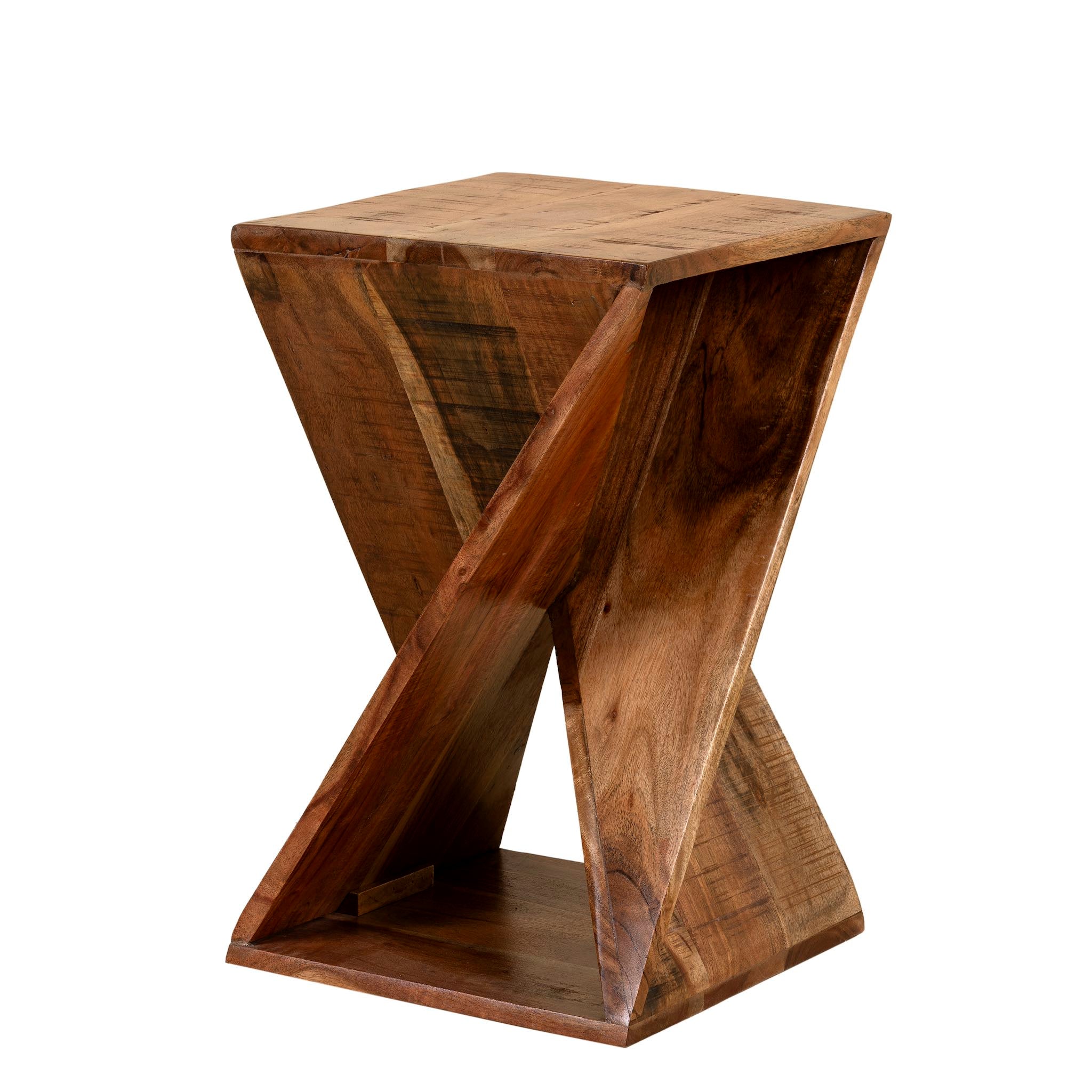 White background picture of a twisted Mango wood hand crafted side table.
