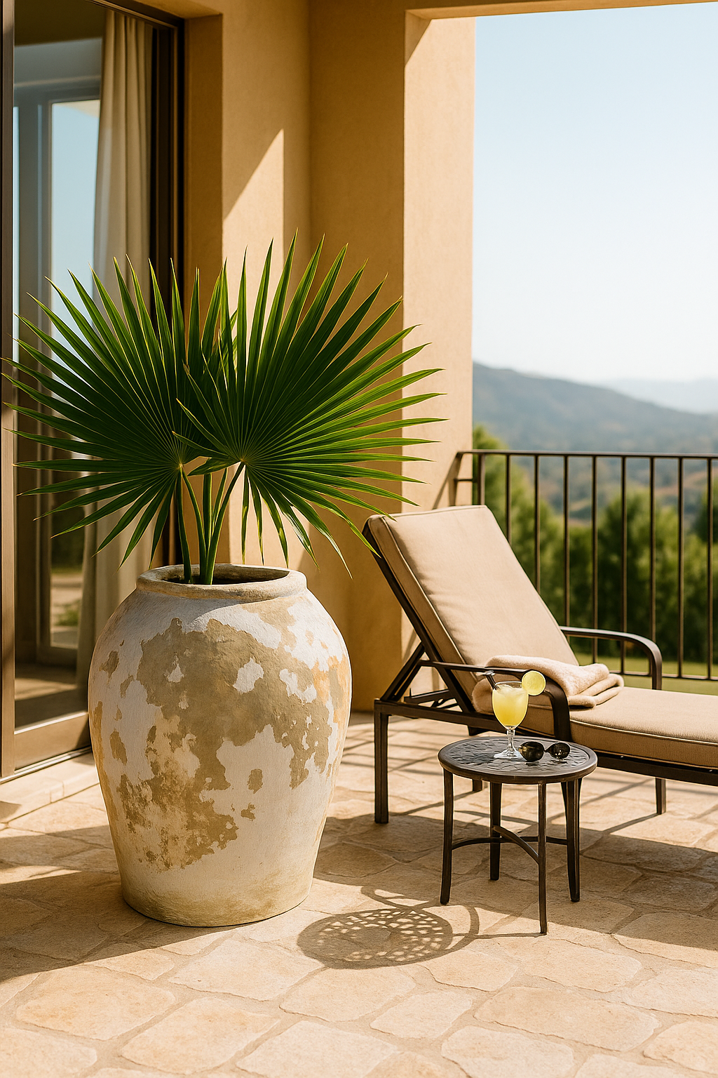 Lifestyle image of a Antique-style Indian clay vase with wide shape – a handcrafted Bali style clay vase ideal for Indian home decoration and bohemian interiors.