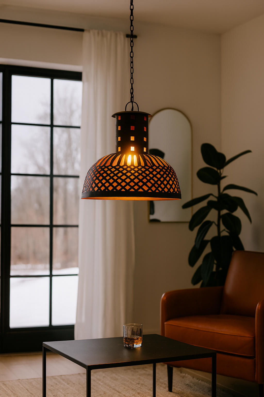 Lifestyle image of a Daya hand crafted metal pendant light with a rusted finish, featuring a ventilated cylindrical top and wide dome with lattice detailing—an artisan addition to metal pendant lights and industrial hand forged lamps.
