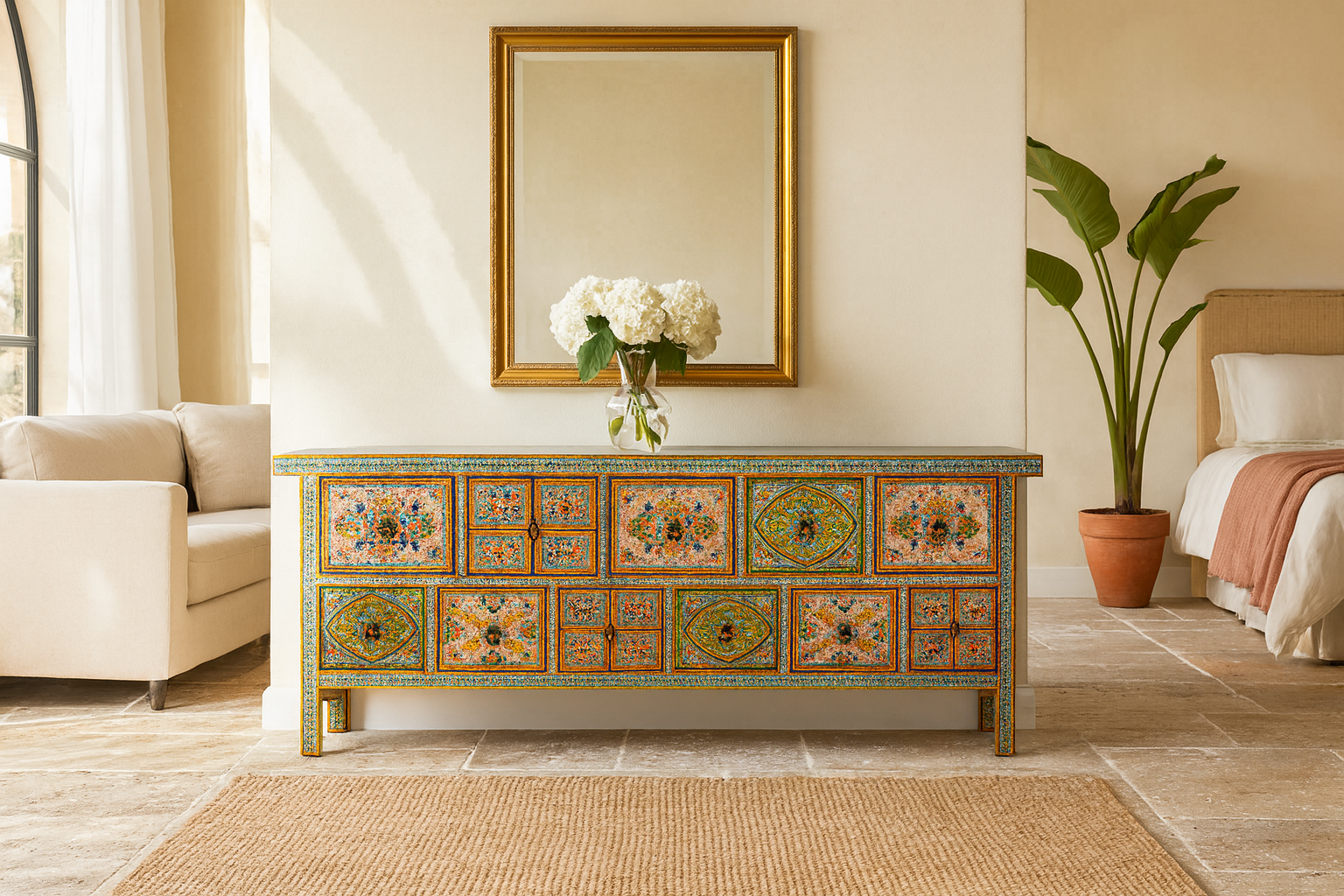 Lifestyle imagination of a hand painted mango wood chest of 11 drawers with floral motifs; artisanal mango wood furniture and hand painted furniture, 250 × 41 × 85 cm.