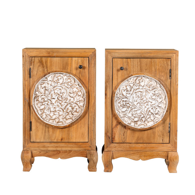 White background image of a whitewashed mango wood nightstand with hand-carved floral door – a handcrafted example of carved wooden furniture ideal for rustic and vintage bedrooms.