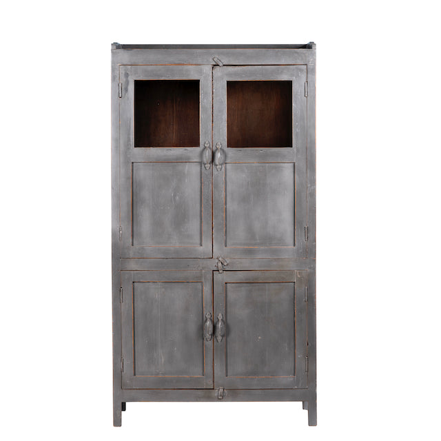 White background image of a shabby chic teak wood cabinet with glass doors and natural reclaimed finish – sustainable furniture ideal for vintage-style dining and living spaces.