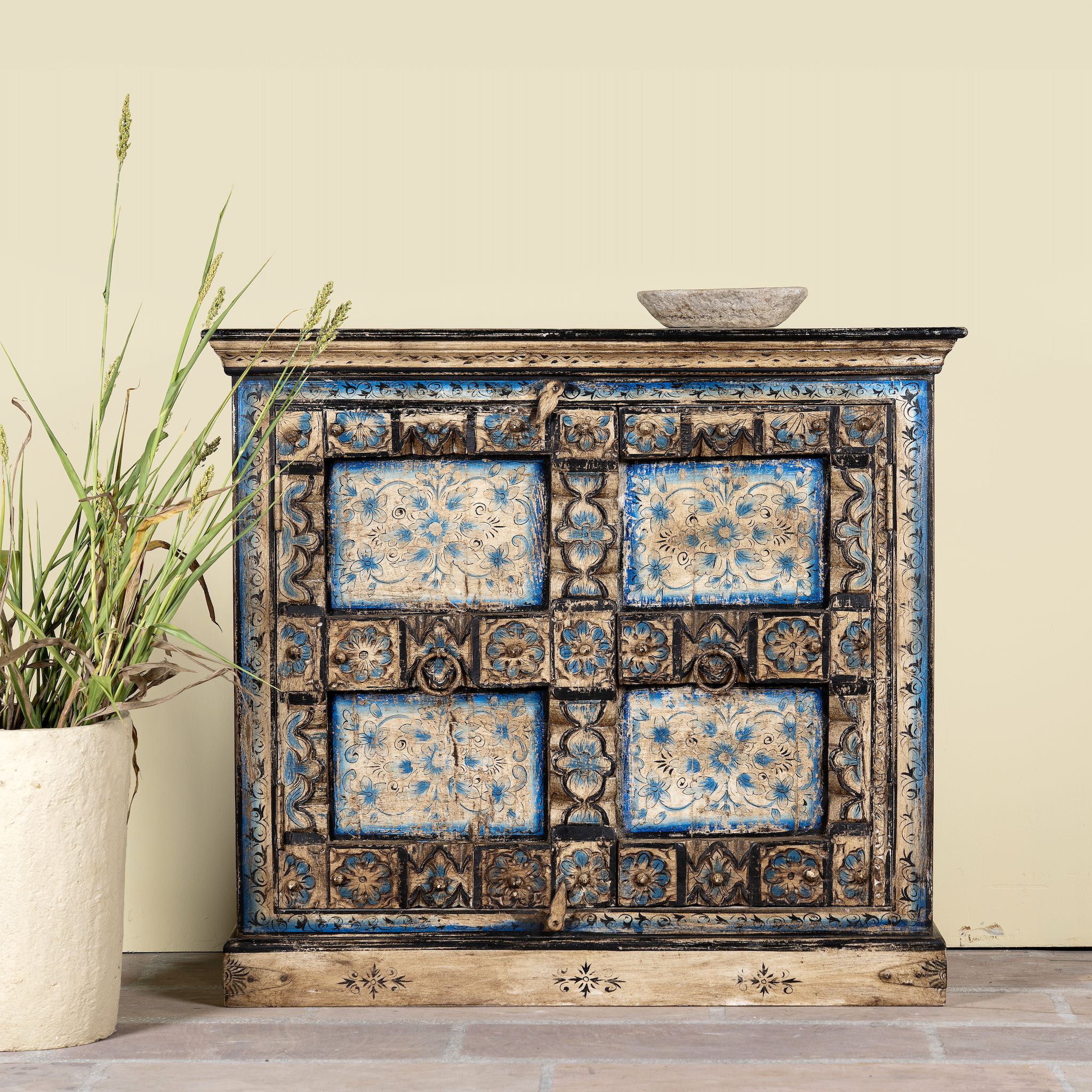 Cupboard made from an antique Indian old door, hand painted cabinet with blue floral details; boho style teak wood furniture, 115 × 50 × 104 cm.