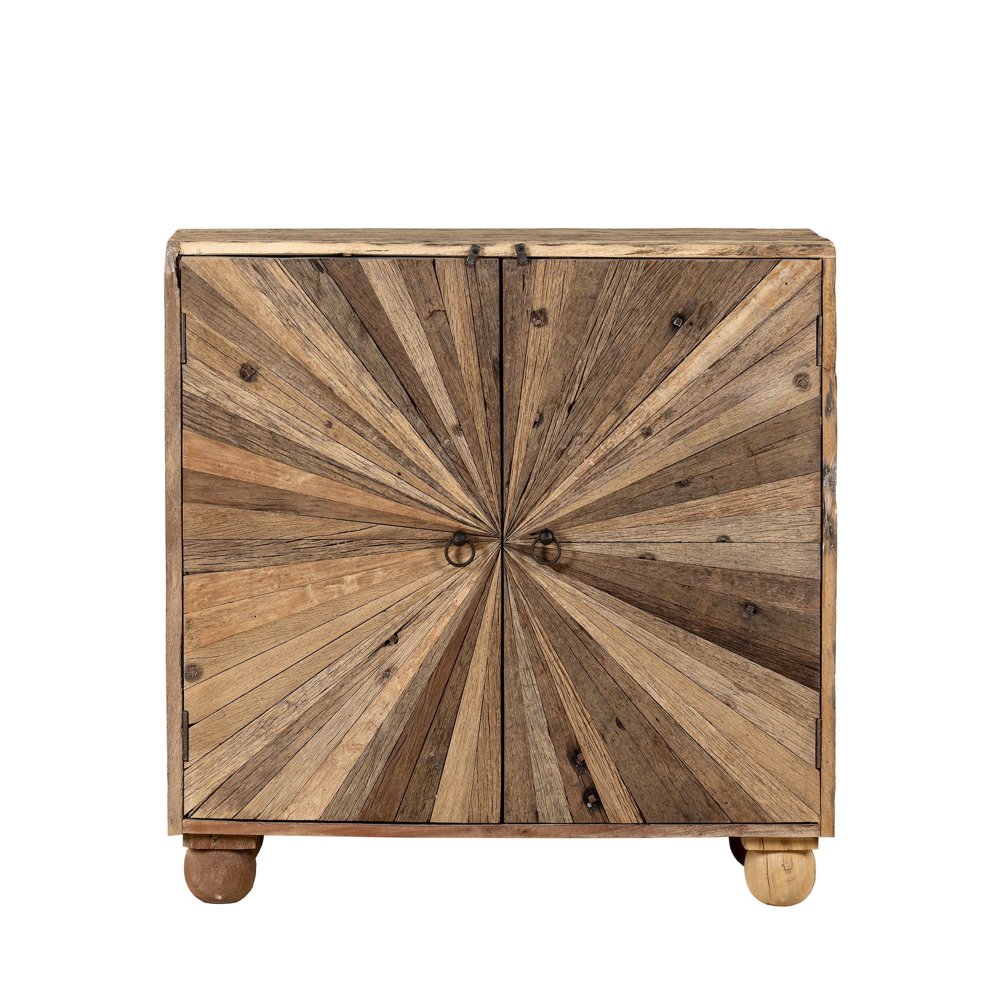 White background image of a driftwood furniture cupboard with sunburst design and reclaimed wood construction, 90 × 40 × 90 cm.