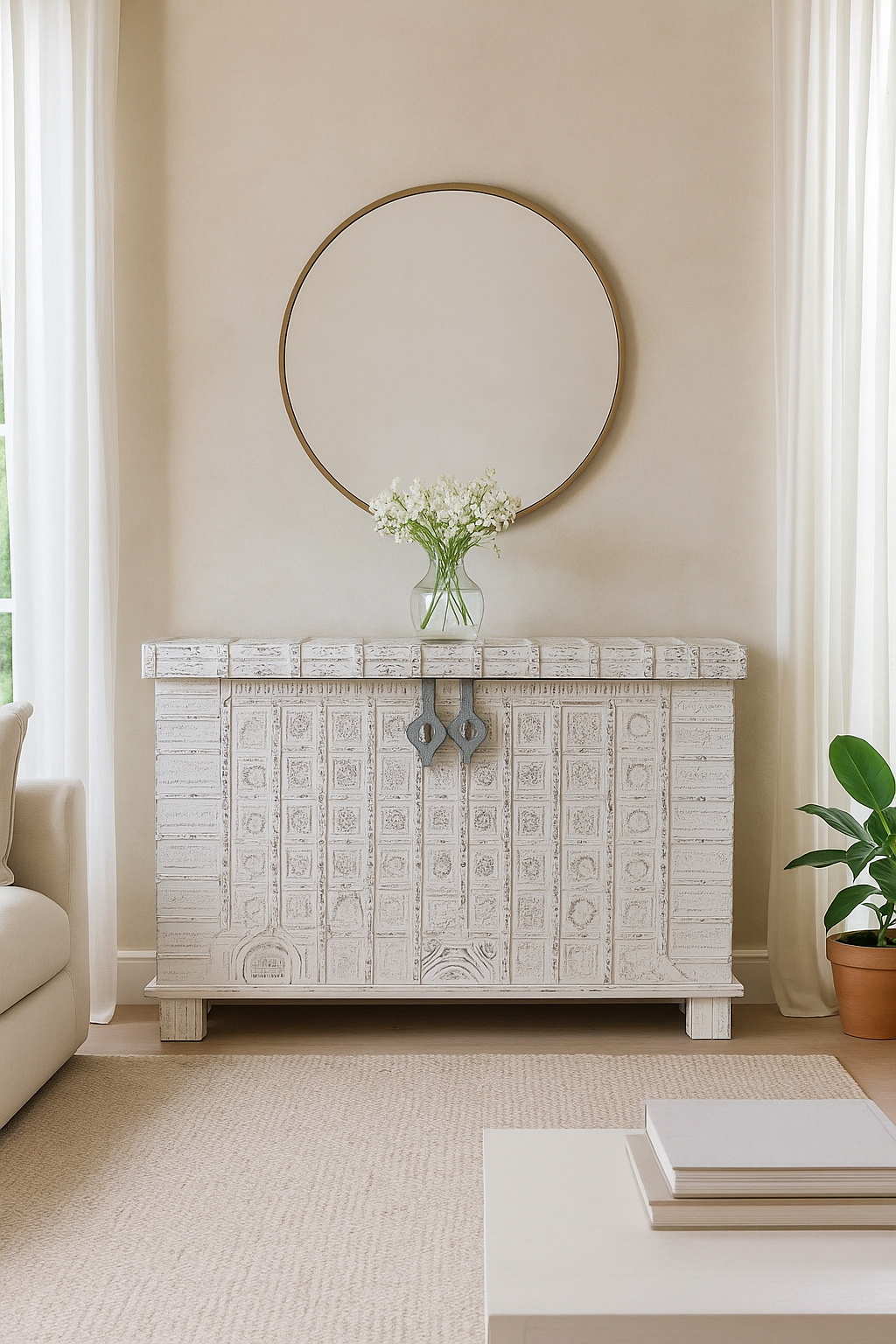 White background image of a antique Indian chest in blue with brass fittings – solid teak iron fitted wooden chest ideal for storing blankets, pillows, or decorative use.