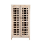 White background image of a sandblasted mango wood showcase with two glass-panelled grid doors and four interior compartments, finished in a light sun-washed tone, ideal as living room furniture.