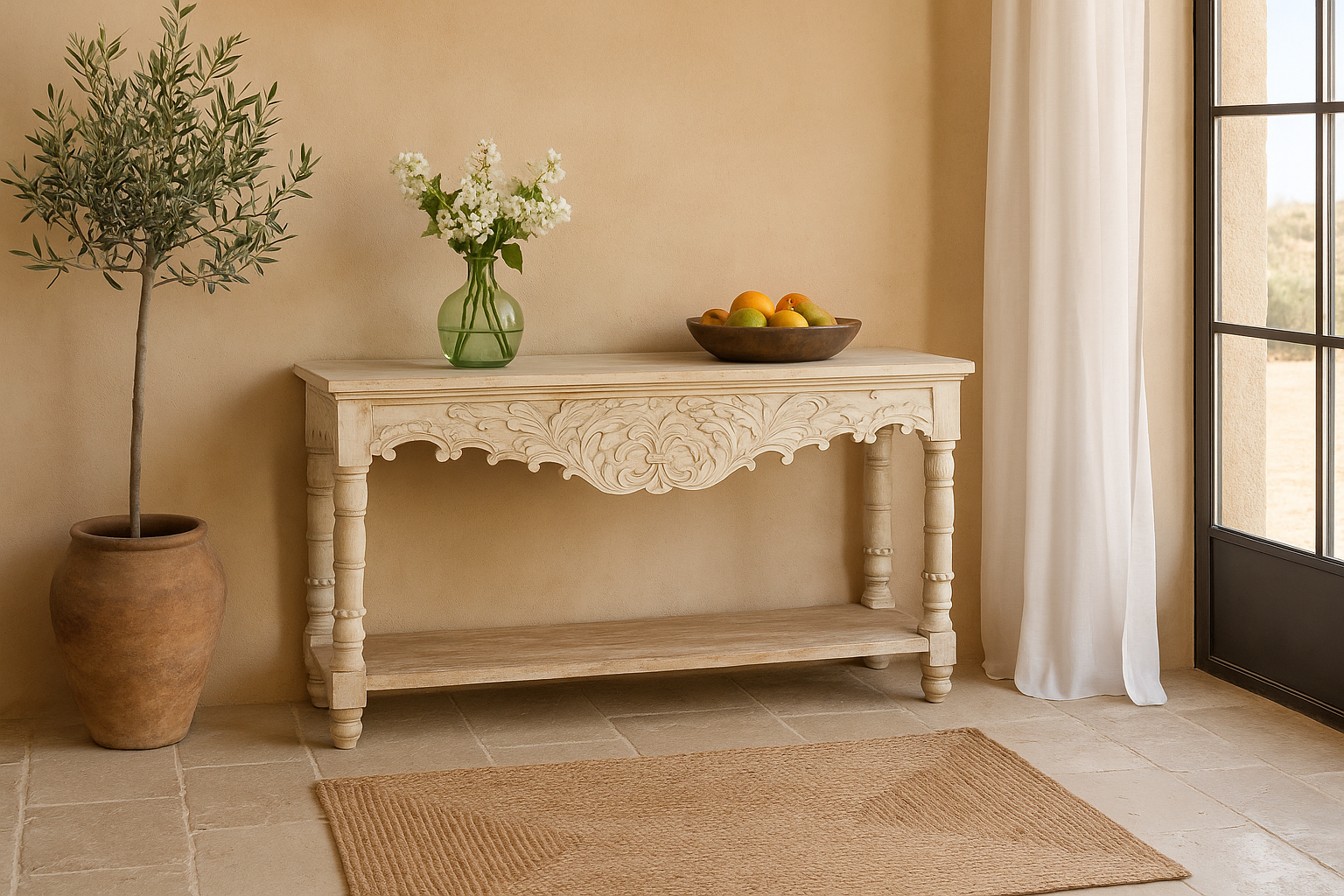 Lifestyle imagination of a whitewashed hand-carved mango wood console table with floral motifs; vintage-style slim console table for entryways or living spaces, 150 × 75 × 40 cm.
